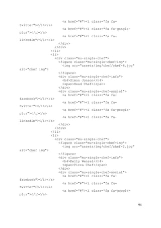 94
<a href="#"><i class="fa fa-
twitter"></i></a>
<a href="#"><i class="fa fa-google-
plus"></i></a>
<a href="#"><i class="fa fa-
linkedin"></i></a>
</div>
</div>
</li>
<li>
<div class="mu-single-chef">
<figure class="mu-single-chef-img">
<img src="assets/img/chef/chef-6.jpg"
alt="chef img">
</figure>
<div class="mu-single-chef-info">
<h4>Simon Jonson</h4>
<span>Head Chef</span>
</div>
<div class="mu-single-chef-social">
<a href="#"><i class="fa fa-
facebook"></i></a>
<a href="#"><i class="fa fa-
twitter"></i></a>
<a href="#"><i class="fa fa-google-
plus"></i></a>
<a href="#"><i class="fa fa-
linkedin"></i></a>
</div>
</div>
</li>
<li>
<div class="mu-single-chef">
<figure class="mu-single-chef-img">
<img src="assets/img/chef/chef-2.jpg"
alt="chef img">
</figure>
<div class="mu-single-chef-info">
<h4>Kelly Wenzel</h4>
<span>Pizza Chef</span>
</div>
<div class="mu-single-chef-social">
<a href="#"><i class="fa fa-
facebook"></i></a>
<a href="#"><i class="fa fa-
twitter"></i></a>
<a href="#"><i class="fa fa-google-
plus"></i></a>
 