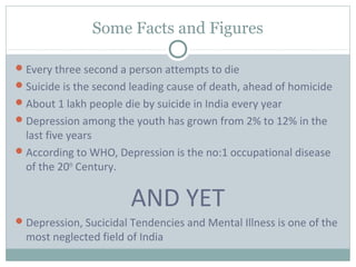 Some Facts and Figures

 Every three second a person attempts to die
 Suicide is the second leading cause of death, ahead of homicide
 About 1 lakh people die by suicide in India every year
 Depression among the youth has grown from 2% to 12% in the
  last five years
 According to WHO, Depression is the no:1 occupational disease
  of the 20th Century.


                        AND YET
 Depression, Sucicidal Tendencies and Mental Illness is one of the
  most neglected field of India
 
