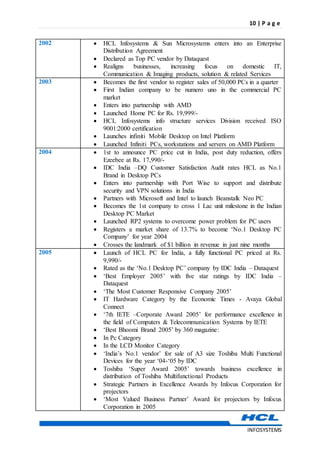 10 | P a g e
INFOSYSTEMS
2002  HCL Infosystems & Sun Microsystems enters into an Enterprise
Distribution Agreement
 Declared as Top PC vendor by Dataquest
 Realigns businesses, increasing focus on domestic IT,
Communication & Imaging products, solution & related Services
2003  Becomes the first vendor to register sales of 50,000 PCs in a quarter
 First Indian company to be numero uno in the commercial PC
market
 Enters into partnership with AMD
 Launched Home PC for Rs. 19,999/-
 HCL Infosystems info structure services Division received ISO
9001:2000 certification
 Launches infiniti Mobile Desktop on Intel Platform
 Launched Infiniti PCs, workstations and servers on AMD Platform
2004  1st to announce PC price cut in India, post duty reduction, offers
Ezeebee at Rs. 17,990/-
 IDC India –DQ Customer Satisfaction Audit rates HCL as No.1
Brand in Desktop PCs
 Enters into partnership with Port Wise to support and distribute
security and VPN solutions in India
 Partners with Microsoft and Intel to launch Beanstalk Neo PC
 Becomes the 1st company to cross 1 Lac unit milestone in the Indian
Desktop PC Market
 Launched RP2 systems to overcome power problem for PC users
 Registers a market share of 13.7% to become ‘No.1 Desktop PC
Company’ for year 2004
 Crosses the landmark of $1 billion in revenue in just nine months
2005  Launch of HCL PC for India, a fully functional PC priced at Rs.
9,990/-
 Rated as the ‘No.1 Desktop PC’ company by IDC India – Dataquest
 ‘Best Employer 2005’ with five star ratings by IDC India –
Dataquest
 ‘The Most Customer Responsive Company 2005’
 IT Hardware Category by the Economic Times - Avaya Global
Connect
 ‘7th IETE –Corporate Award 2005’ for performance excellence in
the field of Computers & Telecommunication Systems by IETE
 ‘Best Bhoomi Brand 2005’ by 360 magazine:
 In Pc Category
 In the LCD Monitor Category
 ‘India’s No.1 vendor’ for sale of A3 size Toshiba Multi Functional
Devices for the year ‘04-‘05 by IDC
 Toshiba ‘Super Award 2005’ towards business excellence in
distribution of Toshiba Multifunctional Products
 Strategic Partners in Excellence Awards by Infocus Corporation for
projectors
 ‘Most Valued Business Partner’ Award for projectors by Infocus
Corporation in 2005
 