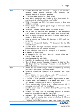 11 | P a g e
INFOSYSTEMS
2006  Launches Beanstalk 2007 collection – a range of four new HCL
Beanstalk Digilife enablers, Beanstalk Nano, Beanstalk Slim,
Beanstalk Lifestyle & Beanstalk Dominator
 +75,000 machines produced in a single month
 Enters into a partnership with Toshiba to help them expand their
retail presence in India by unveiling ‘shopToshiba’
 Nokia Corporation and HCL Infosystems announce a long term
distribution strategy
 Unveils India’s first segment specific range of notebooks’ brand
‘HCL Leaptops’
 Showcases Computer Solutions for the rural market in India
 First in India to launch the new generation of high performance
server platforms powered by Intel Dual – Core Xeon 5000 processor
 Forms a strategic partnership with Apple to provide sales & service
support for iPods in India
 Rated as number one Desktop PC Company by IDC, sixth year
successively
 Sustains its Commercial Desktop PC Leadership for the fifth
consecutive year
 Launches India’s first high performance Enterprise Server Platform
powered by dual core Intel titanium processors
 Creates Dual Core Xeon Server at a price point of Rs. 43,900/-
 Completes 30 years in India
 In association with The Music Academy, Chennai brings ‘HCL
Concert Series’ to the city
 Enter into partnership with Casio
 Establishes its manufacturing facility in Uttaranchal
 ‘Top 50 fastest growing Technology Companies in India’ & ‘Top
500 fastest Growing Technology Companies in Asia Pacific’ by
Deloitte & Touche
2007  Breaks the one terabyte storage barrier in computers by launching
India’s first ‘one terabyte’ personal computer
 Introduces eco-efficient Notebook PCs complying with RoHS
directive
 Unveils initiative to create industry ready ICT professionals –
launches HCL Career Development centers
 Kodak and HCL ink agreement to distribute digital cameras in India
 Launches India’s first multilingual POS printer ‘HCL Star’ – TSP
700, designed exclusively for the needs of rural retailers
 Unveils enterprise class 16 core server – India’s first server with 16
computing cores in a 7-inch (4u) form factor
 Launches a new range of eco-efficient desktop PCs, complying with
RoHS directive
 Launches NETMAX suite of networking products & solutions
expanding its portfolio for emerging enterprises
 Announces ‘360 Degrees Technology Refresh Program’ – new
initiative aimed at capturing latest trends in technology & delivering
them to Indian enterprises
 Announces launch of its workstation 2008 series for MCAD & DCC
 