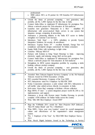 12 | P a g e
INFOSYSTEMS
professionals
 IDBI selects HCL as SI partner for 100 branches ICT infrastructure
rollout
2008  Unveils the future of personal computing – next generation, ultra
portable, sub Rs. 1,400/- laptops for the first time in India.
 Connect India-Africa to implement IT infrastructure for prestigious Pan-
African e-network project for Tele-education & Tele-medicine.
 Launches next generation ‘Datacentre in a Box’ – simplified IT
infrastructure with power-packed blade servers in one system that
integrates storage, computing & networking
 Announces a pioneering initiative in the India ICT sector to further
strengthen its Customer Care Services
 Introduces ‘Safe State’ – a 100% subsidiary to provide System
Integration Solutions for security & surveillance
 Introduces ‘Laptop Series 39’ – excellent thermals, Energy Star 4.0
compliance and imprint designs customized for Indian consumers
 Equips Delhi Police with technology to fight crime
 Launches ‘MiLeap MH 0.4’
 Partners with Echelon to bring ‘Smart Metering’ to India – improving
electricity supply and reducing energy theft are key goals
 Connect India-Africa to implement IT infrastructure for prestigious Pan-
African e-network project for Tele-education & Tele-medicine
 Strengthens its BFSI system integration portfolio by acquiring a niche
banking software product company
 Unveils the future of personal computing – next generation, ultra
portable, sub Rs. 1,400/- laptops for the first time in India

2009  Awarded ‘Best Telecom Support Services Company’ at the 5th National
Telecom Award by CMAI Association of India.
 HCL awarded Electronics Company of the Year 2009.
 HCL Infosystems rated No.1 Employer by DQ-IDC 2009
 Nokia Corporation announces a joint venture with HCL Infosystems to
sell mobile value added services directly to consumers in India
 Kick-starts ‘Green Bag’ campaign to facilitate eWaste collection
 Bags BSNL IT deal – a system integration project worth Rs 240 cr. for
implementation and support
 Announces a tie-up with Korean major Nautilus Hyosung, to provide
complete ATM solutions for Indian banks across the country
 Wins ‘DQ: IDC Best Employer Award 2009’

2011
 Bags the VARIndia 2011 award for ‘Best Projector DLP (Infocus)’,
‘Best PC Indian Brand’ and ‘No. 1 Distributor’.
 Wins DDI’s ‘Grow your own Leaders’ award for overall management
culture and effectiveness of the organization’s talent management
system.
 'No. 1 Employer of the Year’ by DQ-CMR Best Employer Survey –
2011
 Wins Skoch Digital Inclusion Award in the Technology in Service
 