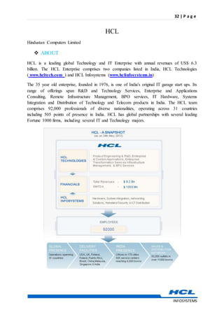 32 | P a g e
INFOSYSTEMS
HCL
Hindustan Computers Limited
 ABOUT
HCL is a leading global Technology and IT Enterprise with annual revenues of US$ 6.3
billion. The HCL Enterprise comprises two companies listed in India, HCL Technologies
( www.hcltech.com ) and HCL Infosystems (www.hclinfosystems.in)
The 35 year old enterprise, founded in 1976, is one of India's original IT garage start ups. Its
range of offerings span R&D and Technology Services, Enterprise and Applications
Consulting, Remote Infrastructure Management, BPO services, IT Hardware, Systems
Integration and Distribution of Technology and Telecom products in India. The HCL team
comprises 92,000 professionals of diverse nationalities, operating across 31 countries
including 505 points of presence in India. HCL has global partnerships with several leading
Fortune 1000 firms, including several IT and Technology majors.
 