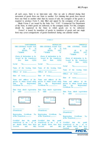 43 | P a g e
INFOSYSTEMS
all such cases, there is no inter-state sale. Also no sale is effected during their
movement of goods from one State to another. For claiming that goods have moved
from one State to another other than by reason of sale, the consignor of the goods is
required to produce Form F, duly filled and signed by the consignee of the goods.
Blank Forms F are issued by the Sales Tax / VAT / Commercial Tax Department
of the State, in which goods are delivered, to the consignee dealer. For this, consignee
should be registered in the State in which goods are to be delivered.
Form-F is issued by transferee of goods to transferor of goods and one single
form may cover consignments of goods transferred during one calendar month.
FORM F
COUNTERFOIL
THE CENTRAL SALES TAX
(R & T)
RULES, 1957
67FORM 'F'
(Form of declaration to be
issued by the transferee)
[See Rule 12(5)]
Serial No..................................
Name of the issuing State
.................................................
Officer of issue.........................
Date of issue.............................
Name and address of the
person to whom issued along
with his Registration
Certificate No ......................
Date from which registration
is valid ...............................
Seal of the
Issuing
Authority
To
.............................
(Transferor)
Registration Certificate No.
of the Transferor...............
Certified that the goods
transferred to me / us as
per details below have been
received and duly
DUPLICATE
THE CENTRAL SALES TAX
(R & T)
RULES, 1957
67FORM 'F'
(Form of declaration to be
issued by the transferee)
[See Rule 12(5)]
Serial No..................................
Name of the issuing State
.................................................
Officer of issue.........................
Date of issue.............................
Name and address of the
person to whom issued along
with his Registration
Certificate No ......................
Date from which registration
is valid ...............................
Seal of the
Issuing
Authority
To
.............................
(Transferor)
Registration Certificate No.
of the Transferor...............
Certified that the goods
transferred to me / us as
per details below have been
received and duly
ORIGINAL
THE CENTRAL SALES
TAX
(R & T)
RULES, 1957
67FORM 'F'
(Form of declaration to be
issued by the transferee)
[See Rule 12(5)]
Serial No..................................
Name of the issuing State
.................................................
Officer of issue.........................
Date of issue.............................
Name and address of the
person to whom issued along
with his Registration
Certificate No ......................
Date from which registration
is valid ...............................
Seal of the
Issuing
Authority
To
.............................
(Transferor)
Registration Certificate No.
of the Transferor...............
Certified that the goods
transferred to me / us as
per details below have been
received and duly
 