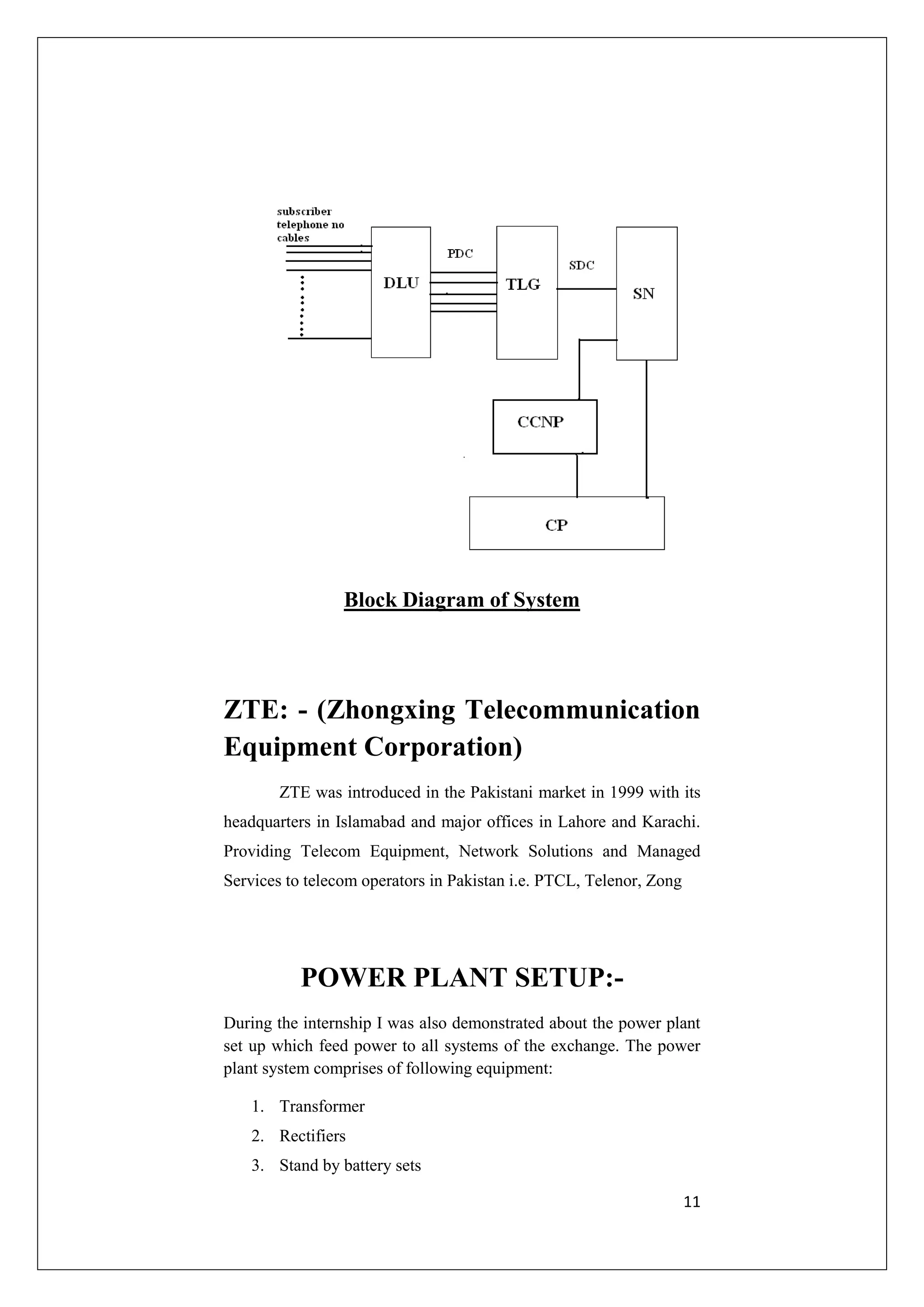11 
Block Diagram of System 
ZTE: - (Zhongxing Telecommunication 
Equipment Corporation) 
ZTE was introduced in the Pakistani market in 1999 with its 
headquarters in Islamabad and major offices in Lahore and Karachi. 
Providing Telecom Equipment, Network Solutions and Managed 
Services to telecom operators in Pakistan i.e. PTCL, Telenor, Zong 
POWER PLANT SETUP:- 
During the internship I was also demonstrated about the power plant 
set up which feed power to all systems of the exchange. The power 
plant system comprises of following equipment: 
1. Transformer 
2. Rectifiers 
3. Stand by battery sets 
 