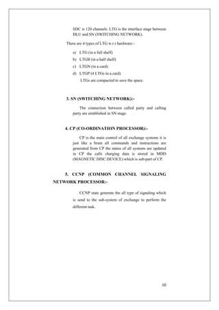 SDC is 120 channels. LTG is the interface stage between 
DLU and SN (SWITCHING NETWORK). 
10 
There are 4 types of LTG w.r.t hardware:- 
a) LTG (in a full shelf) 
b) LTGB (in a half shelf) 
c) LTGN (in a card) 
d) LTGP (4 LTGs in a card) 
LTGs are compacted to save the space. 
3. SN (SWITCHING NETWORK):- 
The connection between called party and calling 
party are established in SN stage. 
4. CP (CO-ORDINATION PROCESSOR):- 
CP is the main control of all exchange systems it is 
just like a brain all commands and instructions are 
generated from CP the status of all systems are updated 
in CP the calls charging data is stored in MDD 
(MAGNETIC DISC DEVICE) which is sub-part of CP. 
5. CCNP (COMMON CHANNEL SIGNALING 
NETWORK PROCESSOR:- 
CCNP state generate the all type of signaling which 
is send to the sub-system of exchange to perform the 
different task. 
 