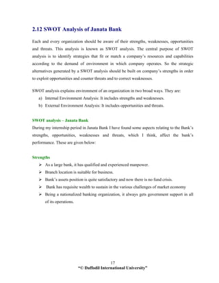 “© Daffodil International University”
17
2.12 SWOT Analysis of Janata Bank
Each and every organization should be aware of their strengths, weaknesses, opportunities
and threats. This analysis is known as SWOT analysis. The central purpose of SWOT
analysis is to identify strategies that fit or match a company’s resources and capabilities
according to the demand of environment in which company operates. So the strategic
alternatives generated by a SWOT analysis should be built on company’s strengths in order
to exploit opportunities and counter threats and to correct weaknesses.
SWOT analysis explains environment of an organization in two broad ways. They are:
a) Internal Environment Analysis: It includes strengths and weaknesses.
b) External Environment Analysis: It includes opportunities and threats.
SWOT analysis – Janata Bank
During my internship period in Janata Bank I have found some aspects relating to the Bank’s
strengths, opportunities, weaknesses and threats, which I think, affect the bank’s
performance. These are given below:
Strengths
As a large bank, it has qualified and experienced manpower.
Branch location is suitable for business.
Bank’s assets position is quite satisfactory and now there is no fund crisis.
Bank has requisite wealth to sustain in the various challenges of market economy
Being a nationalized banking organization, it always gets government support in all
of its operations.
 
