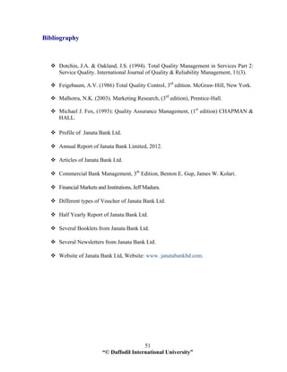 “© Daffodil International University”
51
Bibliography
Dotchin, J.A. & Oakland, J.S. (1994). Total Quality Management in Services Part 2:
Service Quality. International Journal of Quality & Reliability Management, 11(3).
Feigebaum, A.V. (1986) Total Quality Control, 3rd
edition. McGraw-Hill, New York.
Malhotra, N.K. (2003). Marketing Research, (3rd
edition), Prentice-Hall.
Michael J. Fox, (1993): Quality Assurance Management, (1st
edition) CHAPMAN &
HALL.
Profile of Janata Bank Ltd.
Annual Report of Janata Bank Limited, 2012.
Articles of Janata Bank Ltd.
Commercial Bank Management, 3th
Edition, Benton E. Gup, James W. Kolari.
Financial Markets and Institutions, Jeff Madura.
Different types of Voucher of Janata Bank Ltd.
Half Yearly Report of Janata Bank Ltd.
Several Booklets from Janata Bank Ltd.
Several Newsletters from Janata Bank Ltd.
Website of Janata Bank Ltd, Website: www. janatabankbd.com.
 