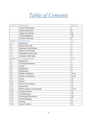 vi
Table of Contents
Serial No. Topic name Page No.
Letter of Transmittal i
Student Declaration ii
Approval Certificate iii      
Acknowledgement  iv
Executive Summary v
Chapter- One: Introduction 1-5
1.1 Introduction 2
1.2 Origin of the Study 3
1.3 Statement of the Problem 3
1.4 Objective of the Study 3
1.5 Methodology of the study 4
1.6 Limitation of the Study 5
Chapter- Two: Company Profile 6-21
2.1 Background 7
2.2 Corporate Information 7
2.3 Awards 8
2.4 Management 9
2.5 Organization 9
2.6 Number of Branches 10-11
2.7 Number of Employees 12-14
2.8 Vision 15
2.9 Mission 15
2.10 New Services Scheme 15
2.11 Interest Rate 16
2.12 SWOT Analysis of Janata Bank 17-18
2.13 Computer Service 18
2.14 Computerization 19
2.15 Government Intervention 20
2.16 Personal Banking 21
2.17 Training 21
2.18 Library Facilities 21
 