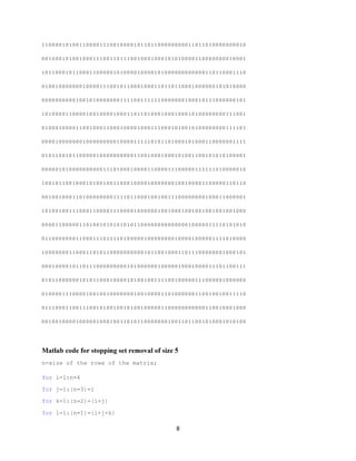 8
1 1 0 0 0 0 1 0 1 0 0 1 1 0 0 0 0 1 1 1 0 0 1 0 0 0 0 1 0 1 1 0 1 1 0 0 0 0 0 0 0 0 0 1 1 0 1 1 0 1 0 0 0 0 0 0 0 0 1 0
0 0 1 0 0 0 1 0 1 0 0 1 0 0 0 1 1 1 0 0 1 1 0 1 1 1 0 0 1 0 0 0 1 0 0 0 1 0 1 0 1 0 0 0 0 1 1 0 0 0 0 0 0 0 0 1 0 0 0 1
1 0 1 1 0 0 0 1 0 1 1 0 0 0 1 1 0 0 0 0 0 1 0 1 0 0 0 0 1 0 0 0 0 1 0 1 0 0 0 0 0 0 0 0 0 0 0 0 1 1 0 1 1 0 0 0 1 1 1 0
0 1 0 0 1 0 0 0 0 0 0 0 1 0 0 0 0 1 1 1 0 0 1 0 1 1 0 0 0 1 0 0 0 1 1 0 1 1 0 1 1 0 0 0 1 0 0 0 0 0 0 1 0 1 0 1 0 0 0 0
0 0 0 0 0 0 0 0 0 0 1 0 0 1 0 1 0 0 0 0 0 0 0 1 1 1 1 0 0 1 1 1 1 1 1 0 0 0 0 0 0 0 1 0 0 0 1 0 1 1 1 0 0 0 0 0 0 1 0 1
1 0 1 0 0 0 0 1 1 0 0 0 0 1 0 0 1 0 0 0 0 1 0 0 0 1 1 0 1 1 0 1 0 0 0 1 0 0 0 1 0 0 0 1 0 1 0 0 0 0 0 0 0 0 1 1 1 0 0 1
0 1 0 0 0 1 0 0 0 0 1 1 0 0 1 0 0 0 1 1 0 0 0 1 0 0 0 0 1 0 0 0 1 1 1 0 0 0 1 0 1 0 0 1 0 1 0 0 0 0 0 0 0 0 1 1 1 1 0 1
0 0 0 0 1 0 0 0 0 0 0 0 1 0 0 0 0 0 0 0 0 0 1 0 0 0 0 1 1 1 1 1 0 1 0 1 1 0 1 0 0 0 1 0 1 0 0 0 1 1 0 0 0 0 0 0 1 1 1 1
0 1 0 1 1 0 0 1 0 1 1 0 0 0 0 0 1 0 0 0 0 0 0 0 0 0 0 1 1 0 0 1 0 0 0 1 0 0 0 1 0 1 0 0 1 1 0 0 1 0 1 0 1 0 1 0 0 0 0 1
0 0 0 0 0 1 0 1 0 0 0 0 0 0 0 0 0 0 1 1 1 0 1 0 0 0 1 0 0 0 0 1 1 0 0 0 0 1 1 1 0 0 0 0 0 1 1 1 1 1 1 0 1 0 0 0 0 0 1 0
1 0 0 1 0 1 1 0 0 1 0 0 0 1 0 1 0 0 1 0 0 1 1 0 0 0 1 0 0 0 0 1 0 0 0 0 0 0 0 1 0 0 1 0 0 0 0 1 1 0 0 0 0 0 1 1 0 1 1 0
0 0 1 0 0 1 0 0 0 1 1 0 1 0 0 0 0 0 0 0 0 1 1 1 1 0 1 1 0 0 0 1 0 0 1 0 0 1 1 1 0 0 0 0 0 0 0 0 1 0 0 0 1 1 0 0 0 0 0 1
1 0 1 0 0 1 0 0 1 1 1 0 0 0 1 1 0 0 0 0 1 1 1 0 0 0 0 1 0 0 0 0 0 0 1 0 0 1 0 0 0 1 0 0 1 0 0 1 0 0 1 0 0 1 0 0 1 0 0 0
0 0 0 0 1 1 0 0 0 0 0 1 1 0 1 0 0 1 0 1 0 1 0 1 0 1 0 1 1 0 0 0 0 0 0 0 0 0 0 0 0 0 0 1 0 0 0 0 0 1 1 1 1 0 1 0 1 0 1 0
0 1 1 0 0 0 0 0 0 0 1 1 0 0 0 1 1 1 0 1 1 1 1 0 1 0 0 0 0 0 1 0 0 0 0 0 0 0 0 1 0 0 0 0 1 0 0 0 0 0 1 1 1 1 0 1 0 0 0 0
1 0 0 0 0 0 0 0 1 1 0 0 0 1 1 0 1 0 1 1 0 0 0 0 0 0 0 0 0 0 1 0 1 1 0 0 1 0 0 0 1 1 0 1 1 1 0 0 0 0 0 0 0 1 0 0 0 1 0 1
0 0 0 1 0 0 0 0 1 0 1 1 0 1 1 1 0 0 0 0 0 0 0 0 0 1 0 1 0 0 0 0 0 0 1 0 0 0 0 0 1 0 0 0 1 0 0 0 0 1 1 1 0 1 1 0 0 1 1 1
0 1 0 1 1 0 0 0 0 0 0 1 0 1 0 1 1 0 0 0 1 0 0 0 0 1 0 1 0 0 1 0 0 1 1 1 1 0 0 1 0 0 0 0 0 1 1 1 0 0 0 0 0 1 0 0 0 0 0 0
0 1 0 0 0 0 1 1 1 0 0 0 0 1 0 0 1 0 0 1 0 0 0 0 0 0 0 1 0 0 1 0 0 0 0 1 1 0 1 0 0 0 0 0 0 1 1 0 0 1 0 0 1 0 0 1 1 1 1 0
0 1 1 1 0 0 0 1 1 0 0 1 1 1 0 0 1 0 1 0 0 1 0 0 1 0 1 0 0 1 0 0 0 0 0 1 1 0 0 0 0 0 0 0 0 0 0 0 1 1 0 0 1 0 0 0 1 0 0 0
0 0 1 0 0 1 0 0 0 0 1 0 0 0 0 0 1 0 0 0 1 0 0 1 1 0 1 0 1 1 0 0 0 0 0 0 0 1 0 0 1 1 0 1 1 0 0 1 0 1 0 0 0 1 0 1 0 1 0 0
Matlab code for stopping set removal of size 5
n=size of the rows of the matrix;
for i=1:n-4
for j=1:(n-3)-i
for k=1:(n-2)-(i+j)
for l=1:(n-1)-(i+j+k)
 