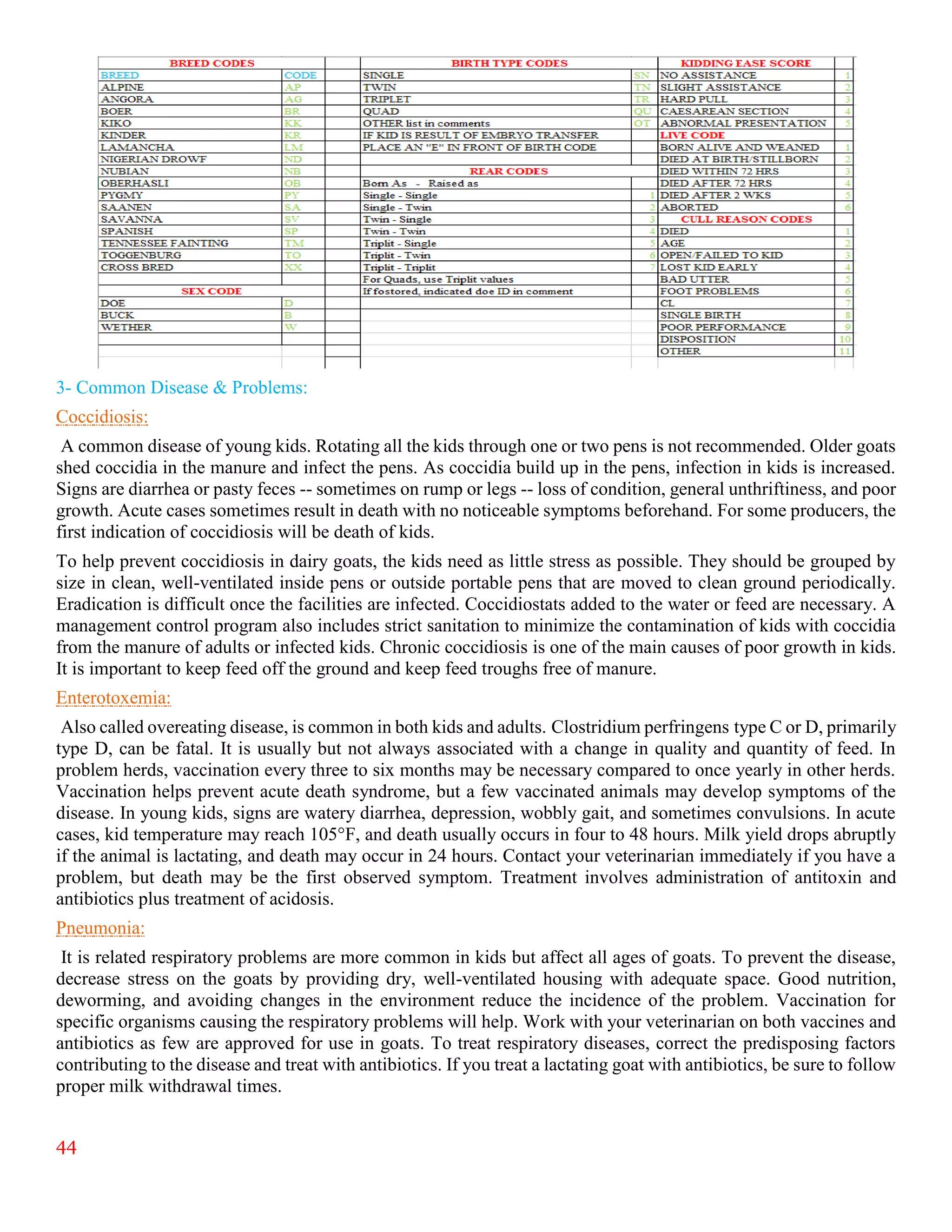44
3- Common Disease & Problems:
Coccidiosis:
A common disease of young kids. Rotating all the kids through one or two pens is not recommended. Older goats
shed coccidia in the manure and infect the pens. As coccidia build up in the pens, infection in kids is increased.
Signs are diarrhea or pasty feces -- sometimes on rump or legs -- loss of condition, general unthriftiness, and poor
growth. Acute cases sometimes result in death with no noticeable symptoms beforehand. For some producers, the
first indication of coccidiosis will be death of kids.
To help prevent coccidiosis in dairy goats, the kids need as little stress as possible. They should be grouped by
size in clean, well-ventilated inside pens or outside portable pens that are moved to clean ground periodically.
Eradication is difficult once the facilities are infected. Coccidiostats added to the water or feed are necessary. A
management control program also includes strict sanitation to minimize the contamination of kids with coccidia
from the manure of adults or infected kids. Chronic coccidiosis is one of the main causes of poor growth in kids.
It is important to keep feed off the ground and keep feed troughs free of manure.
Enterotoxemia:
Also called overeating disease, is common in both kids and adults. Clostridium perfringens type C or D, primarily
type D, can be fatal. It is usually but not always associated with a change in quality and quantity of feed. In
problem herds, vaccination every three to six months may be necessary compared to once yearly in other herds.
Vaccination helps prevent acute death syndrome, but a few vaccinated animals may develop symptoms of the
disease. In young kids, signs are watery diarrhea, depression, wobbly gait, and sometimes convulsions. In acute
cases, kid temperature may reach 105°F, and death usually occurs in four to 48 hours. Milk yield drops abruptly
if the animal is lactating, and death may occur in 24 hours. Contact your veterinarian immediately if you have a
problem, but death may be the first observed symptom. Treatment involves administration of antitoxin and
antibiotics plus treatment of acidosis.
Pneumonia:
It is related respiratory problems are more common in kids but affect all ages of goats. To prevent the disease,
decrease stress on the goats by providing dry, well-ventilated housing with adequate space. Good nutrition,
deworming, and avoiding changes in the environment reduce the incidence of the problem. Vaccination for
specific organisms causing the respiratory problems will help. Work with your veterinarian on both vaccines and
antibiotics as few are approved for use in goats. To treat respiratory diseases, correct the predisposing factors
contributing to the disease and treat with antibiotics. If you treat a lactating goat with antibiotics, be sure to follow
proper milk withdrawal times.
 