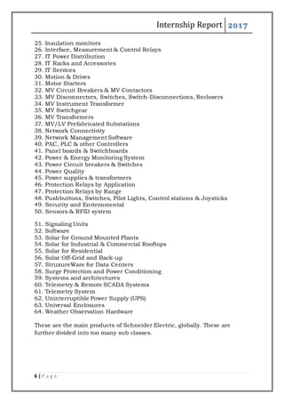 Internship Report 2017
6 | P a g e
25. Insulation monitors
26. Interface, Measurement & Control Relays
27. IT Power Distribution
28. IT Racks and Accessories
29. IT Services
30. Motion & Drives
31. Motor Starters
32. MV Circuit Breakers & MV Contactors
33. MV Disconnectors, Switches, Switch-Disconnections, Reclosers
34. MV Instrument Transformer
35. MV Switchgear
36. MV Transformers
37. MV/LV Prefabricated Substations
38. Network Connectivity
39. Network Management Software
40. PAC, PLC & other Controllers
41. Panel boards & Switchboards
42. Power & Energy Monitoring System
43. Power Circuit breakers & Switches
44. Power Quality
45. Power supplies & transformers
46. Protection Relays by Application
47. Protection Relays by Range
48. Pushbuttons, Switches, Pilot Lights, Control stations & Joysticks
49. Security and Environmental
50. Sensors & RFID system
51. Signaling Units
52. Software
53. Solar for Ground Mounted Plants
54. Solar for Industrial & Commercial Rooftops
55. Solar for Residential
56. Solar Off-Grid and Back-up
57. StruxureWare for Data Centers
58. Surge Protection and Power Conditioning
59. Systems and architectures
60. Telemetry & Remote SCADA Systems
61. Telemetry System
62. Uninterruptible Power Supply (UPS)
63. Universal Enclosures
64. Weather Observation Hardware
These are the main products of Schneider Electric, globally. These are
further divided into too many sub classes.
 