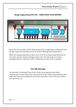 Internship Report 2017
8 | P a g e
Design Engineering ETO CPP – EXECUTION GATE REVIEW
From the Clients order till the final delivery the integral part is played by the
Design engineer department and the Project Management department.
While the design department takes care of all the technical specifications of
the order and the project manager takes care that the project is being
managed timely so that the order is delivered on time to the customer.
The SIM Meetings
As observed, the Design Team had a short meeting every day before
everyone got to their work of the day and the team leader inquired about the
work that has been completed up till now and what is left to be done today
and for future up.
 