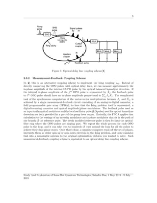 5
Figure 1: Optical delay line coupling scheme[1]
2.3.2 Measurement-Feedback Coupling Scheme
[1, 2] This is an alternative coupling scheme to implement the Ising coupling Jij. Instead of
directly connecting the OPO pulses with optical delay lines, we can measure approximately the
in-phase amplitude of the internal DOPO pulse by the optical balanced homodyne detectors. If
the inferred in-phase amplitude of the jth
OPO pulse is represented by ˜Xj, the feedback pulse
to ith
OPO pulse should have an in-phase amplitude proportional to j Jij
˜Xj. The complicated
task of the synchronous computation of the vector-vector multiplication between Jij and ˜Xj, is
achieved by a single measurement-feedback circuit consisting of an analog-to-digital converter, a
ﬁeld programmable gate array (FPGA), its here that the Ising problem itself is represented, a
digital-to-analog converter and optical amplitude/phase modulators. The feedback pulse used as
an input to the optical modulator and the local oscillator pulse (LO pulse) used for optical homodyne
detection are both provided by a part of the pump laser output. Basically, the FPGA applies that
calculation to the settings of an intensity modulator and a phase modulator that sit in the path of
one branch of the reference pulse. The newly modiﬁed reference pulse is then fed into the optical-
ﬁber ring where the OPO pulses are zipping past. We repeat the whole process for each OPO
pulse in the loop, and it can take tens to hundreds of trips around the loop for all the pulses to
achieve their ﬁnal phase states. Once that’s done, a separate computer reads oﬀ the set of phases,
interprets them as either spin-up or spin-down electrons in the Ising problem, and then translates
that into a meaningful solution to the original optimization problem you wanted to solve. Such
measurement-feedback coupling scheme is equivalent to an optical delay line coupling scheme.
Study And Exploration of Some Hot Quantum Technologies; Satadru Das; 1 May 2019 - 9 July
2019
 