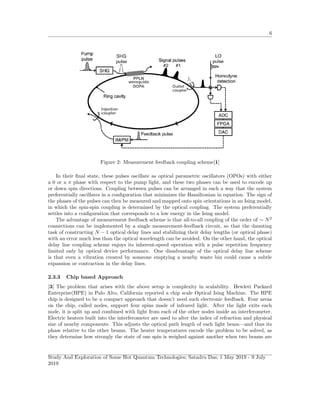 6
Figure 2: Measurement feedback coupling scheme[1]
In their ﬁnal state, these pulses oscillate as optical parametric oscillators (OPOs) with either
a 0 or a π phase with respect to the pump light, and these two phases can be used to encode up
or down spin directions. Coupling between pulses can be arranged in such a way that the system
preferentially oscillates in a conﬁguration that minimizes the Hamiltonian in equation. The sign of
the phases of the pulses can then be measured and mapped onto spin orientations in an Ising model,
in which the spin-spin coupling is determined by the optical coupling. The system preferentially
settles into a conﬁguration that corresponds to a low energy in the Ising model.
The advantage of measurement feedback scheme is that all-to-all coupling of the order of ∼ N2
connections can be implemented by a single measurement-feedback circuit, so that the daunting
task of constructing N − 1 optical delay lines and stabilizing their delay lengths (or optical phase)
with an error much less than the optical wavelength can be avoided. On the other hand, the optical
delay line coupling scheme enjoys its inherent-speed operation with a pulse repetition frequency
limited only by optical device performance. One disadvantage of the optical delay line scheme
is that even a vibration created by someone emptying a nearby waste bin could cause a subtle
expansion or contraction in the delay lines.
2.3.3 Chip based Approach
[3] The problem that arises with the above setup is complexity in scalability. Hewlett Packard
Enterprise(HPE) in Palo Alto, California reported a chip scale Optical Ising Machine. The HPE
chip is designed to be a compact approach that doesn’t need such electronic feedback. Four areas
on the chip, called nodes, support four spins made of infrared light. After the light exits each
node, it is split up and combined with light from each of the other nodes inside an interferometer.
Electric heaters built into the interferometer are used to alter the index of refraction and physical
size of nearby components. This adjusts the optical path length of each light beam—and thus its
phase relative to the other beams. The heater temperatures encode the problem to be solved, as
they determine how strongly the state of one spin is weighed against another when two beams are
Study And Exploration of Some Hot Quantum Technologies; Satadru Das; 1 May 2019 - 9 July
2019
 