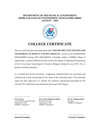 VTU Internship Report.[Peekay Steel Castings] | PDF