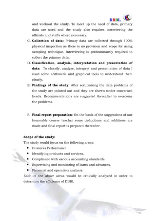 DDBBBBLL
Part One Page: 11
and workout the study. To meet up the need of data, primary
data are used and the study also requires interviewing the
officials and staffs where necessary.
C. Collection of data: Primary data are collected through 100%
physical inspection as there is no provision and scope for using
sampling technique. Interviewing is predominantly required to
collect the primary data.
D. Classification, analysis, interpretation and presentation of
data: To classify, analyze, interpret and presentation of data I
used some arithmetic and graphical tools to understand them
clearly.
E. Findings of the study: After scrutinizing the data problems of
the study are pointed out and they are shown under concerned
heads. Recommendations are suggested thereafter to overcome
the problems.
F. Final report preparation: On the basis of the suggestions of our
honorable course teacher some deductions and additions are
made and final report is prepared thereafter.
Scope of the study:
The study would focus on the following areas:
Business Performance
Identifying products and services.
Compliance with various accounting standards.
Supervising and monitoring of loans and advances.
Financial and operation analysis.
Each of the above areas would be critically analyzed in order to
determine the efficiency of DBBL
 