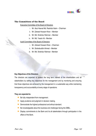 DDBBBBLL
Part One Page: 43
The Committees of the Board
Executive Committee of the Board of Directors
i. Mr. Abul Hasnat Md. Rashidul Islam – Chairman
ii. Mr. Zaheed Hossain Khan – Member
iii. Mr. Md. Shahidur Rahman – Member
iv. Mr. Md. Yeasin Ali - Member
Audit Committee of the Board of Directors
i. Mr. Zaheed Hossain Khan – Chairman
ii. Mr. Shahabuddin Ahmed – Member
iii. Mr. Md. Shahidur Rahman - Member
Key Objectives of the Directors:
The directors are expected to protect the long term interest of the shareholders and all
stakeholders by setting key objectives for the management and by monitoring and ensuring
that those objectives are achieved by the management in a sustainable way while maintaining
transparency and accountability at every stage of operations.
They are expected to-
Be fully independent from management.
Apply prudence and judgment in decision making.
Demonstrate the highest professional and ethical standard.
Be knowledgeable about the business and challenges facing the DBBL.
Display commitments to the Bank and its all stakeholders through participation in the
affairs of the Bank.
 