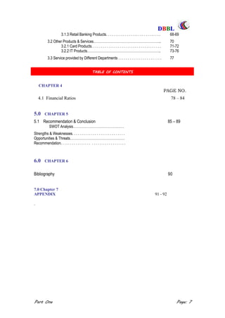 DDBBBBLL
Part One Page: 7
3.1.3 Retail Banking Products. . . . . . . . . . . . . . . . . . . . . . . . . . . . . 68-69
3.2 Other Products & Services…………………………………………………... 70
3.2.1 Card Products. . . . . . . . . . . . . . . . . . . . . . . . . . . . . . . . . . . . . 71-72
3.2.2 IT Products……………………………………………………….. 73-76
3.3 Service provided by Different Departments . . . . . . . . . . . . . . . . . . . . . . . 77
TABLE OF CONTENTS
CHAPTER 4
PAGE NO.
4.1 Financial Ratios 78 – 84
5.0 CHAPTER 5
5.1 Recommendation & Conclusion 85 – 89
SWOT Analysis………………………………………
Strengths & Weaknesses. . . . . . . . . . . . . . . . . . . . . . . . . . . .
Opportunities & Threats…………………………………………
Recommendation. . . . . . . . . . . . . . . . . . . . . . . . . . . . . . . . . .
6.0 CHAPTER 6
Bibliography 90
7.0 Chapter 7
APPENDIX 91 - 92
.
 