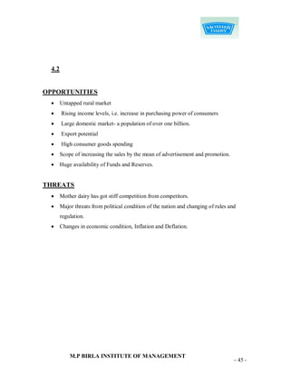 4.2


OPPORTUNITIES
       Untapped rural market
       Rising income levels, i.e. increase in purchasing power of consumers
       Large domestic market- a population of over one billion.
       Export potential
       High consumer goods spending
       Scope of increasing the sales by the mean of advertisement and promotion.
       Huge availability of Funds and Reserves.


THREATS
       Mother dairy has got stiff competition from competitors.
       Major threats from political condition of the nation and changing of rules and
        regulation.
       Changes in economic condition, Inflation and Deflation.




            M.P BIRLA INSTITUTE OF MANAGEMENT
                                                                                     - 45 -
 