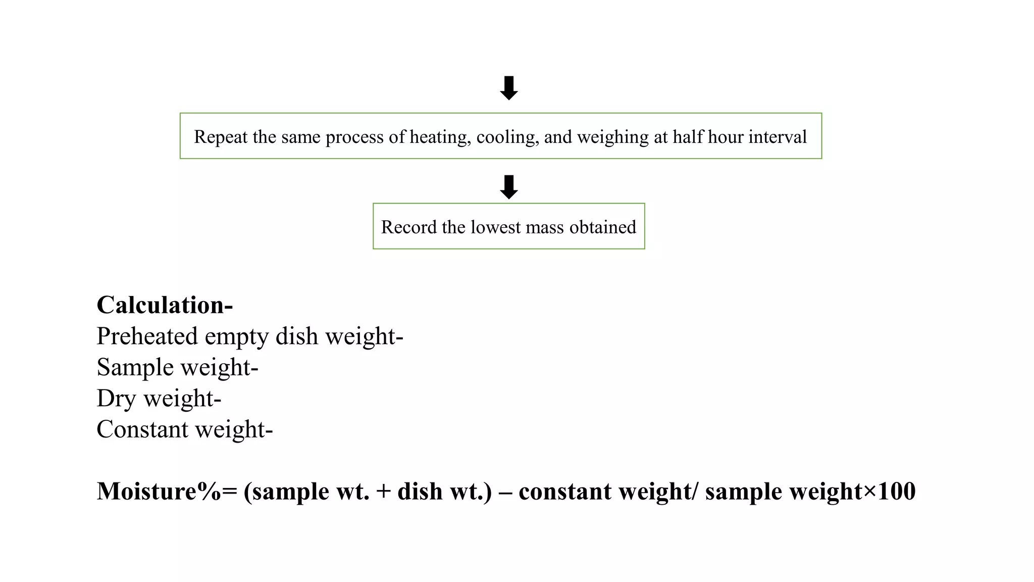 Repeat the same process of heating, cooling, and weighing at half hour interval
Record the lowest mass obtained
Calculation-
Preheated empty dish weight-
Sample weight-
Dry weight-
Constant weight-
Moisture%= (sample wt. + dish wt.) – constant weight/ sample weight×100
 