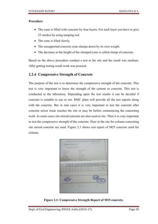 INTERNSHIP REPORT AKSHATHA B A
Dept. of Civil Engineering, KVGCE, Sullia (2016-17) Page 20
Procedure
 The cone is filled with concrete by four layers. For each layer you have to give
25 strokes by using tamping rod.
 The cone is lifted slowly.
 The unsupported concrete cone slumps down by its own weight.
 The decrease in the height of the slumped cone is called slump of concrete.
Based on the above procedure conduct a test at the site and the result was medium.
After getting testing result work was proceed.
2.2.4 Compressive Strength of Concrete
The purpose of the test is to determine the compressive strength of the concrete. This
test is very important to know the strength of the cement or concrete. This test is
conducted in the laboratory. Depending upon the test results it can be decided if
concrete is suitable to use or not. RMC plant will provide all the test reports along
with the concrete. But in rear cases it is very important to test the concrete after
concrete mixer truck reaches the site or may be before commencing the concreting
work. In some cases site mixed concrete are also used at site. Then it is very important
to test the compressive strength of the concrete. Here in the site for column concreting
site mixed concrete are used. Figure 2.1 shows test report of M25 concrete used for
column.
Figure 2.1: Compressive Strength Report of M15 concrete.
 