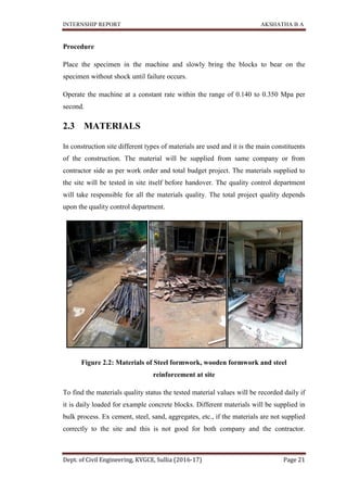 INTERNSHIP REPORT AKSHATHA B A
Dept. of Civil Engineering, KVGCE, Sullia (2016-17) Page 21
Procedure
Place the specimen in the machine and slowly bring the blocks to bear on the
specimen without shock until failure occurs.
Operate the machine at a constant rate within the range of 0.140 to 0.350 Mpa per
second.
2.3 MATERIALS
In construction site different types of materials are used and it is the main constituents
of the construction. The material will be supplied from same company or from
contractor side as per work order and total budget project. The materials supplied to
the site will be tested in site itself before handover. The quality control department
will take responsible for all the materials quality. The total project quality depends
upon the quality control department.
Figure 2.2: Materials of Steel formwork, wooden formwork and steel
reinforcement at site
To find the materials quality status the tested material values will be recorded daily if
it is daily loaded for example concrete blocks. Different materials will be supplied in
bulk process. Ex cement, steel, sand, aggregates, etc., if the materials are not supplied
correctly to the site and this is not good for both company and the contractor.
 