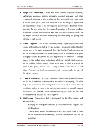 INTERNSHIP REPORT AKSHATHA B A
Dept. of Civil Engineering, KVGCE, Sullia (2016-17) Page 23
a) Design and Supervision Team: The team includes structural engineer,
architectural engineer, sanitary engineers, electrical engineers and other
experienced engineers in other professions. The design and supervision team
is a team which guide every work executed in the site and gives supervision
for the contractor based on the drawings and specifications. This team mostly
comes to the site when there is a misunderstanding in drawings, working
techniques, drawing detailing error. The team provides continuous service to
the project from start to finish, establishing and maintaining the quality and
integrity of each design.
b) Project Engineer: This include reviewing design, supervising construction
process and scheduling, start up process systems / equipments or facilities for
turning over to the owner’s personnel. Supervise field staff and contractor on
the site with responsibility for quality construction in accordance with plan
and specifications. Engineers are also responsible for approval of change
orders, invoice and payment applications which may include final payment.
So, the resident engineer mostly control every work as much as possible in
terms of their quality, cost and time. Testing of materials delivered at site and
safety of workers starting from managers to daily workers is also the duty of
the resident engineer.
c) Project Coordinator: The project coordinator has so many responsibilities at
the site and is appointed by the owner of the construction company. The main
duty of the coordinator is to manage the whole site work execution. Project
coordinator makes payment to the subcontractors, approves material request,
analysis the work process, executes sub contracting agreements, reviews and
checks the reports made by the office engineer.
d) Site Engineer: Site engineer shall be accountable for the following tasks and
responsibilities.
 Studying the work plan submitted by the contractor and suggests any
modifications.
 To watch and inspect the construction work and assure that it is done
in full accordance with drawings, technical specifications and bill of
quantities.
 