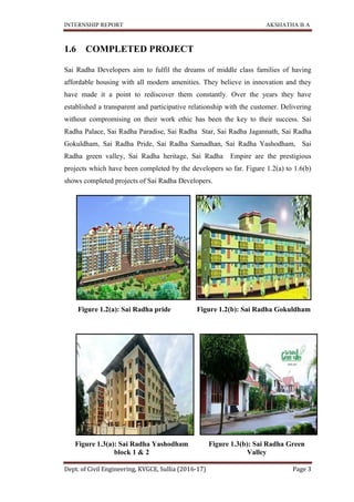 INTERNSHIP REPORT AKSHATHA B A
Dept. of Civil Engineering, KVGCE, Sullia (2016-17) Page 3
1.6 COMPLETED PROJECT
Sai Radha Developers aim to fulfil the dreams of middle class families of having
affordable housing with all modern amenities. They believe in innovation and they
have made it a point to rediscover them constantly. Over the years they have
established a transparent and participative relationship with the customer. Delivering
without compromising on their work ethic has been the key to their success. Sai
Radha Palace, Sai Radha Paradise, Sai Radha Star, Sai Radha Jagannath, Sai Radha
Gokuldham, Sai Radha Pride, Sai Radha Samadhan, Sai Radha Yashodham, Sai
Radha green valley, Sai Radha heritage, Sai Radha Empire are the prestigious
projects which have been completed by the developers so far. Figure 1.2(a) to 1.6(b)
shows completed projects of Sai Radha Developers.
Figure 1.2(a): Sai Radha pride Figure 1.2(b): Sai Radha Gokuldham
Figure 1.3(a): Sai Radha Yashodham
block 1 & 2
Figure 1.3(b): Sai Radha Green
Valley
 