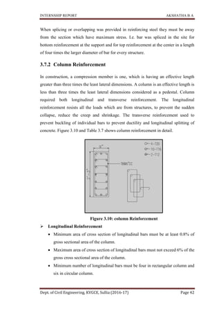 INTERNSHIP REPORT
Dept. of Civil Engineering, KVGCE, Sullia (2016
When splicing or overlapping was provided in reinforcing steel they must be away
from the section which have maximum stress. I.e. bar was spliced in the site for
bottom reinforcement at the support and for top reinforcement at the center in a l
of four times the larger diameter of bar for every structure.
3.7.2 Column Reinforcement
In construction, a compression member is one, which is having an effective length
greater than three times the least lateral dimensions. A column is an effective length is
less than three times the least lateral
required both longitudinal and transverse reinforcement.
reinforcement resists all the loads which
collapse, reduce the creep and shrinkage. The transverse reinforcement used to
prevent buckling of individual ba
concrete. Figure 3.10 and Table 3.7 shows
 Longitudinal Reinforcement
 Minimum area of cross section of longitudinal bars must be at
gross sectional area of the column.
 Maximum area of cross section of longitudinal bars must not exceed 6% of the
gross cross sectional area of the column.
 Minimum number of longitudinal bars must be four in rectangular column and
six in circular column.
INTERNSHIP REPORT
Dept. of Civil Engineering, KVGCE, Sullia (2016-17)
When splicing or overlapping was provided in reinforcing steel they must be away
from the section which have maximum stress. I.e. bar was spliced in the site for
bottom reinforcement at the support and for top reinforcement at the center in a l
of four times the larger diameter of bar for every structure.
Column Reinforcement
, a compression member is one, which is having an effective length
greater than three times the least lateral dimensions. A column is an effective length is
less than three times the least lateral dimensions considered as a pedestal.
ongitudinal and transverse reinforcement.
reinforcement resists all the loads which are from structures, to prevent the sudden
collapse, reduce the creep and shrinkage. The transverse reinforcement used to
prevent buckling of individual bars to prevent ductility and longitudinal splitting of
and Table 3.7 shows column reinforcement in detail
Figure 3.10: column Reinforcement
Longitudinal Reinforcement
Minimum area of cross section of longitudinal bars must be at
gross sectional area of the column.
Maximum area of cross section of longitudinal bars must not exceed 6% of the
gross cross sectional area of the column.
Minimum number of longitudinal bars must be four in rectangular column and
lar column.
AKSHATHA B A
Page 42
When splicing or overlapping was provided in reinforcing steel they must be away
from the section which have maximum stress. I.e. bar was spliced in the site for
bottom reinforcement at the support and for top reinforcement at the center in a length
, a compression member is one, which is having an effective length
greater than three times the least lateral dimensions. A column is an effective length is
considered as a pedestal. Column
ongitudinal and transverse reinforcement. The longitudinal
from structures, to prevent the sudden
collapse, reduce the creep and shrinkage. The transverse reinforcement used to
rs to prevent ductility and longitudinal splitting of
in detail.
Minimum area of cross section of longitudinal bars must be at least 0.8% of
Maximum area of cross section of longitudinal bars must not exceed 6% of the
Minimum number of longitudinal bars must be four in rectangular column and
 