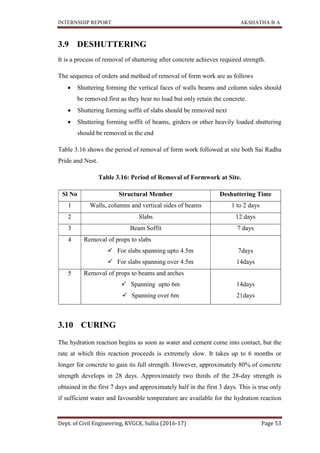 INTERNSHIP REPORT AKSHATHA B A
Dept. of Civil Engineering, KVGCE, Sullia (2016-17) Page 53
3.9 DESHUTTERING
It is a process of removal of shuttering after concrete achieves required strength.
The sequence of orders and method of removal of form work are as follows
 Shuttering forming the vertical faces of walls beams and column sides should
be removed first as they bear no load but only retain the concrete.
 Shuttering forming soffit of slabs should be removed next
 Shuttering forming soffit of beams, girders or other heavily loaded shuttering
should be removed in the end
Table 3.16 shows the period of removal of form work followed at site both Sai Radha
Pride and Nest.
Table 3.16: Period of Removal of Formwork at Site.
Sl No Structural Member Deshuttering Time
1 Walls, columns and vertical sides of beams 1 to 2 days
2 Slabs 12 days
3 Beam Soffit 7 days
4 Removal of props to slabs
 For slabs spanning upto 4.5m
 For slabs spanning over 4.5m
7days
14days
5 Removal of props to beams and arches
 Spanning upto 6m
 Spanning over 6m
14days
21days
3.10 CURING
The hydration reaction begins as soon as water and cement come into contact, but the
rate at which this reaction proceeds is extremely slow. It takes up to 6 months or
longer for concrete to gain its full strength. However, approximately 80% of concrete
strength develops in 28 days. Approximately two thirds of the 28-day strength is
obtained in the first 7 days and approximately half in the first 3 days. This is true only
if sufficient water and favourable temperature are available for the hydration reaction
 