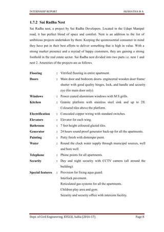 INTERNSHIP REPORT AKSHATHA B A
Dept. of Civil Engineering, KVGCE, Sullia (2016-17) Page 8
1.7.2 Sai Radha Nest
Sai Radha nest, a project by Sai Radha Developers. Located in the Udupi Manipal
road, it has perfect blend of space and comfort. Nest is an addition to the list of
ambitious projects undertaken by them. Keeping the quintessential consumer in mind
they have put in their best efforts to deliver something that is high in value. With a
strong market presence and a myriad of happy customers, they are gaining a strong
foothold in the real estate sector. Sai Radha nest divided into two parts i.e. nest 1 and
nest 2. Amenities of the projects are as follows.
Flooring : Vitrified flooring in entire apartment.
Doors : Main door and bedroom doors- engineered wooden door frame/
shutter with good quality hinges, lock, and handle and security
eye (for main door only).
Windows : Power coated aluminium windows with M S grills.
Kitchen : Granite platform with stainless steel sink and up to 2ft.
Coloured tiles above the platform.
Electrification : Concealed copper wiring with standard switches.
Elevators : Elevator for each wing.
Bathroom : 7 feet height coloured glazed tiles.
Generator : 24 hours sound proof generator back-up for all the apartments.
Painting : Putty finish with distemper paint.
Water : Round the clock water supply through municipal sources, well
and bore well.
Telephone : Phone points for all apartments.
Security : Day and night security with CCTV camera (all around the
building).
Special features : Provision for fixing aqua guard.
Interlock pavement.
Reticulated gas systems for all the apartments.
Children play area and gym.
Security and security office with intercom facility.
 