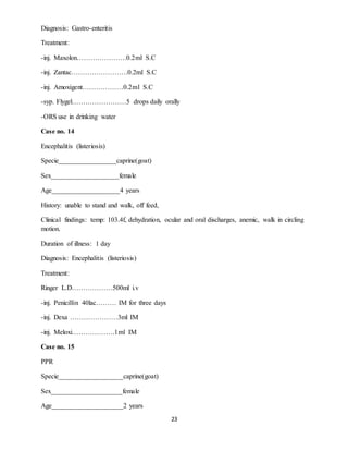 23
Diagnosis: Gastro-enteritis
Treatment:
-inj. Maxolon………………….0.2ml S.C
-inj. Zantac…………………….0.2ml S.C
-inj. Amoxigent………………0.2ml S.C
-syp. Flygel……………………5 drops daily orally
-ORS use in drinking water
Case no. 14
Encephalitis (listeriosis)
Specie_________________caprine(goat)
Sex____________________female
Age____________________4 years
History: unable to stand and walk, off feed,
Clinical findings: temp: 103.4f, dehydration, ocular and oral discharges, anemic, walk in circling
motion.
Duration of illness: 1 day
Diagnosis: Encephalitis (listeriosis)
Treatment:
Ringer L.D………………500ml i.v
-inj. Penicillin 40lac……… IM for three days
-inj. Dexa …………………3ml IM
-inj. Meloxi……………….1ml IM
Case no. 15
PPR
Specie___________________caprine(goat)
Sex_____________________female
Age_____________________2 years
 