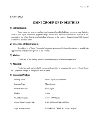 P a g e | 29




CHAPTER 2:

                             OMNI GROUP OF INDUSTRIES
1) Introduction:
          Omni group is a large privately owned company based in Pakistan. It owns several factories
 such as rice, sugar, distilleries, polythene bags, and are also involved in media and aviation. It has
 emerged as one of the fastest growing industrial groups in the country. Bawany Sugar Mills limited
 is one of its Business units.

2) Objective of Omni Group:
         The objective of Omni Group of Companies is to expend industrial activities to provide job
 opportunities and economic growth in the country.

3) Vision:
         ―To be one of the leading business houses employing best business practices‖

4) Mission:
       ―Undertake safe and profitable commercial activities in a manner that portrays Omni Group
 Of Companies images as a respected market leader‖

5) Business Profile:

    Industry Focus                           Grain, Sugar & Sweeteners

    Business Type                            Manufacturer

    Products/Services                        Rice, sugar

    Markets                                  Africa

    No. of Employees                         Above 1000 People

    Annual Sales Range(USD)                  US$5 Million - US$10 Million


    Legal Representative                     CEO (Recent CEO is Mr. Anwer Majeed)
 