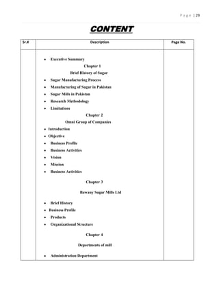 P a g e | 29


                                 CONTENT
Sr.#                              Description        Page No.



        Executive Summary
                              Chapter 1
                      Brief History of Sugar
        Sugar Manufacturing Process
        Manufacturing of Sugar in Pakistan
        Sugar Mills in Pakistan
        Research Methodology
        Limitations
                               Chapter 2
                   Omni Group of Companies
       Introduction
       Objective
        Business Profile
        Business Activities
        Vision
        Mission
        Business Activities

                               Chapter 3

                            Bawany Sugar Mills Ltd

        Brief History
       Business Profile
        Products
        Organizational Structure

                               Chapter 4

                           Departments of mill

        Administration Department
 
