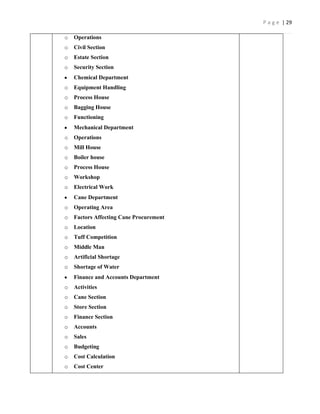 P a g e | 29

o   Operations
o   Civil Section
o   Estate Section
o   Security Section
    Chemical Department
o   Equipment Handling
o   Process House
o   Bagging House
o   Functioning
    Mechanical Department
o   Operations
o   Mill House
o   Boiler house
o   Process House
o   Workshop
o   Electrical Work
    Cane Department
o   Operating Area
o   Factors Affecting Cane Procurement
o   Location
o   Tuff Competition
o   Middle Man
o   Artificial Shortage
o   Shortage of Water
    Finance and Accounts Department
o   Activities
o   Cane Section
o   Store Section
o   Finance Section
o   Accounts
o   Sales
o   Budgeting
o   Cost Calculation
o   Cost Center
 