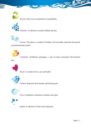 Recycle: Part of our commitment to sustainability.




           Particles: A reference to science bubbles and fizz.




           Frozen: The plant is a symbol of freshness; the snowflake represents freezing &
a transformational symbol.




            Container: Symbolizes packaging - a pot of cream associated with personal
care.




           Heart: A symbol of love, care and health.




           Clothes: Represent fresh laundry and looking good.




           Wave: Symbolizes cleanliness, freshness and vigor.




           Liquid: A reference to clean water and purity.




                                                                                 Page | 19
 