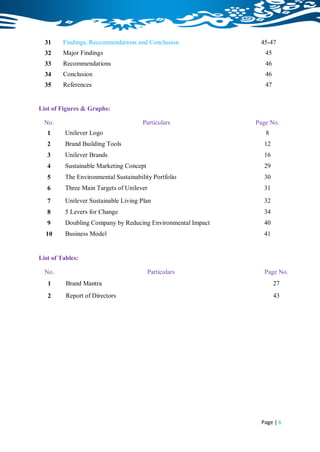 31     Findings, Recommendations and Conclusion              45-47
  32     Major Findings                                          45
  33     Recommendations                                         46
  34     Conclusion                                              46
  35     References                                              47


List of Figures & Graphs:

  No.                                  Particulars            Page No.
   1      Unilever Logo                                          8
   2      Brand Building Tools                                  12
   3      Unilever Brands                                       16
   4      Sustainable Marketing Concept                         29
   5      The Environmental Sustainability Portfolio            30
   6      Three Main Targets of Unilever                        31

   7      Unilever Sustainable Living Plan                      32
   8      5 Levers for Change                                   34
   9      Doubling Company by Reducing Environmental Impact     40
  10      Business Model                                        41


List of Tables:

  No.                                     Particulars            Page No.
   1      Brand Mantra                                                27
   2      Report of Directors                                         43




                                                               Page | 6
 