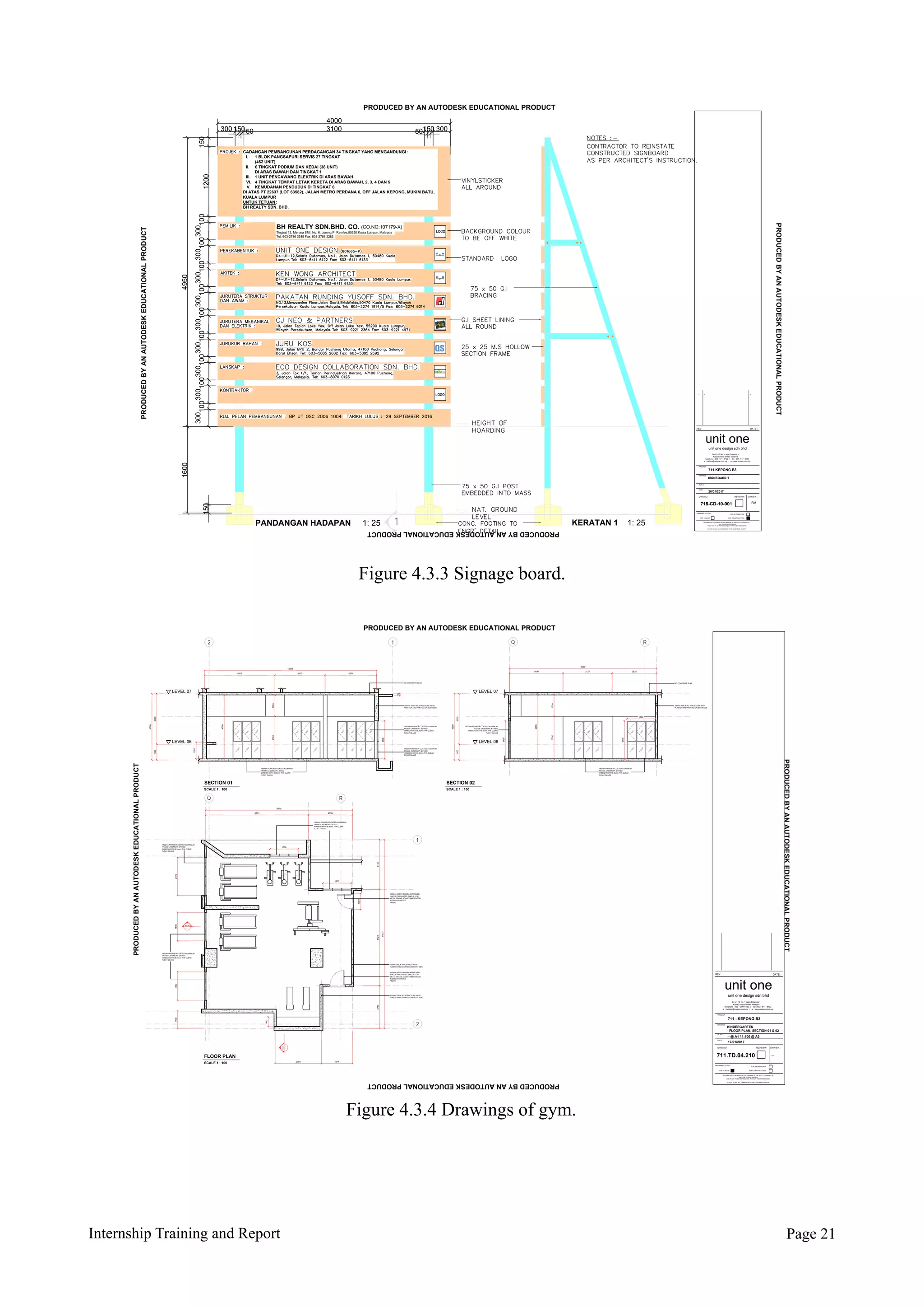 Internship Training and Report Page !21
1200
100
300
300 3100 300
150
49501600
150100
300
100
300
100
300
100
300
100
300300
100
300
4000
100
300
100
5015050150
PANDANGAN HADAPAN 1: 25 KERATAN 1 1: 25
BH REALTY SDN.BHD. CO. (CO.NO:107179-X)
Tel: 603-2786 3388 Fax: 603-2786 2282
Tingkat 12, Menara SMI, No. 6, Lorong P. Ramlee,50250 Kuala Lumpur, Malaysia
CADANGAN PEMBANGUNAN PERDAGANGAN 34 TINGKAT YANG MENGANDUNGI :
I. 1 BLOK PANGSAPURI SERVIS 27 TINGKAT
(462 UNIT)
II. 6 TINGKAT PODIUM DAN KEDAI (38 UNIT)
DI ARAS BAWAH DAN TINGKAT 1
III. 1 UNIT PENCAWANG ELEKTRIK DI ARAS BAWAH
VI. 4 TINGKAT TEMPAT LETAK KERETA DI ARAS BAWAH, 2, 3, 4 DAN 5
V. KEMUDAHAN PENDUDUK DI TINGKAT 6
DI ATAS PT 22637 (LOT 63582), JALAN METRO PERDANA 6, OFF JALAN KEPONG, MUKIM BATU,
KUALA LUMPUR
UNTUK TETUAN:
BH REALTY SDN. BHD.
SCALE :
AND IS NOT TO BE REPRODUCED WITHOUT THEIR PERMISSION
REV DATE :
PROJECT :
DRAWING :
DATE :
DWG NO. REVISION DWN BY :
INFORMATION CONTAINED IN THIS DRAWING IS THE SOLE COPYRIGHT OF
UNIT ONE DESIGN SDN BHD
DO NOT SCALE ALL DIMENSIONS TO BE CONFIRMED ON SITE
unit one
D4-U1-12 No. 1 Jalan Dutamas 1
Kuala Lumpur 50480 Malaysia
telephone : 603 - 6411 6122 | fax : 603 - 6411 6133
e : mailbox@unitone.com.my | w : www.unitone.com.my
unit one design sdn bhd
DRAWING STATUS :
FOR INFORMATION
FOR CONSTRUCTIONFOR TENDER
711.KEPONG B3
20/01/2017
RM
- - -
718-CD-10-001
SIGNBOARD-1
PRODUCED BY AN AUTODESK EDUCATIONAL PRODUCT
PRODUCEDBYANAUTODESKEDUCATIONALPRODUCT
PRODUCEDBYANAUTODESKEDUCATIONALPRODUCT
PRODUCEDBYANAUTODESKEDUCATIONALPRODUCT
Figure 4.3.3 Signage board.
SCALE :
AND IS NOT TO BE REPRODUCED WITHOUT THEIR PERMISSION
REV DATE :
PROJECT :
DRAWING :
DATE :
DWG NO. REVISION DWN BY :
INFORMATION CONTAINED IN THIS DRAWING IS THE SOLE COPYRIGHT OF
UNIT ONE DESIGN SDN BHD
DO NOT SCALE ALL DIMENSIONS TO BE CONFIRMED ON SITE
unit one
D4-U1-12 No. 1 Jalan Dutamas 1
Kuala Lumpur 50480 Malaysia
telephone : 603 - 6411 6122 | fax : 603 - 6411 6133
e : mailbox@unitone.com.my | w : www.unitone.com.my
unit one design sdn bhd
DRAWING STATUS :
FOR INFORMATION
FOR CONSTRUCTIONFOR TENDER
711 - KEPONG B3
17/01/2017
--
KINDERGARTEN
- FLOOR PLAN, SECTION 01 & 02
-- @ A1 / 1:100 @ A3
711.TD.04.210
RQ
2
1
SEC 02
--.--
SEC01
--.--
9350
6551 2799
1800
240018001800
11977
1800
315161222704
19742950
1100
600
1000
200mm THICK RC STRUCTURE WITH
PLASTER AND PAINTED ON BOTH SIDE
150mm THICK BRICK WALL WITH
PLASTER AND PAINTED ON BOTH SIDE
1000mm WIDTH BOMBA-APPROVED
1-HOUR FIRE-RATED SINGLE LEAF
METAL FRAME SOLID TIMBER DOOR,
IN SPRAY PAINTED
FINISH.
1800mm POWDER-COATED ALUMINUM
FRAME CASEMENT & FIXED
WINDOW WITH 8.35mm THK CLEAR
FLOAT GLASS
1800mm POWDER-COATED ALUMINUM
FRAME CASEMENT & FIXED
WINDOW WITH 8.35mm THK CLEAR
FLOAT GLASS
2 1
10946
327132004475
100
2400
1050
4200
32001000
LEVEL 07
LEVEL 06
250mm THICK RC STRUCTURE WITH
PLASTER AND PAINTED ON BOTH SIDE
RC CONCRETE SLAB
1800mm POWDER-COATED ALUMINUM
FRAME CASEMENT & FIXED
WINDOW WITH 8.35mm THK CLEAR
FLOAT GLASS
1800mm POWDER-COATED ALUMINUM
FRAME CASEMENT & FIXED
WINDOW WITH 8.35mm THK CLEAR
FLOAT GLASS
RQ
4200
32001000
9350
3400 2824
LEVEL 07
LEVEL 06
250mm THICK RC STRUCTURE WITH
PLASTER AND PAINTED ON BOTH SIDE
RC CONCRETE SLAB
1800
2400
2400
SCALE 1 : 100
FLOOR PLAN
SCALE 1 : 100
SECTION 01
SCALE 1 : 100
SECTION 02
1000mm WIDTH BOMBA-APPROVED
1-HOUR FIRE-RATED SINGLE LEAF
METAL FRAME SOLID TIMBER DOOR,
IN SPRAY PAINTED
FINISH.
1800mm POWDER-COATED ALUMINUM
FRAME CASEMENT & FIXED
WINDOW WITH 8.35mm THK CLEAR
FLOAT GLASS
1800mm POWDER-COATED ALUMINUM
FRAME CASEMENT & FIXED
WINDOW WITH 8.35mm THK CLEAR
FLOAT GLASS
1800mm POWDER-COATED ALUMINUM
FRAME CASEMENT & FIXED
WINDOW WITH 8.35mm THK CLEAR
FLOAT GLASS
1800mm POWDER-COATED ALUMINUM
FRAME CASEMENT & FIXED
WINDOW WITH 8.35mm THK CLEAR
FLOAT GLASS
4050
13502700
4050
13502700
3127
PRODUCED BY AN AUTODESK EDUCATIONAL PRODUCT
PRODUCEDBYANAUTODESKEDUCATIONALPRODUCT
PRODUCEDBYANAUTODESKEDUCATIONALPRODUCT
PRODUCEDBYANAUTODESKEDUCATIONALPRODUCT
Figure 4.3.4 Drawings of gym.
 