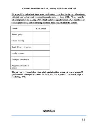 Customer Satisfaction on (SME) Banking of Al-Arafah Bank Ltd
64
We would like to find out about your preferences regarding the factors of customer
satisfactionwhich attract you most to receive services from AIBL. Please rank the
following factors by placing a “1” which factor you prefer most, a “2” next to your
second preference, and continuing until you have ranked all of the factors.
Factors Rank Order
Service quality
Service recovery
Quick delivery of service
Loyalty program
Employee coordination
Perception of equity or
fairness
Thank you very much for your kind participation in my survey program!!!
Questionnaire Developedby Abdulla all rakib, Bat. 11th, Roll M - 17110204578, Dept. of
Marketing, JNU.
Appendix -2
 
