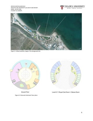 ARC2615/ARC2613/ARC2622
ARCHITECTURE INTERNSHIP LOG SHEETS AND REPORT
NAME: LIM JOE ONN
STUDENT ID: 0318679
6
Figure 5: Edited satellite image of the designated site
Figure 6: Coloured schematic floor plans
 