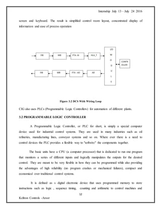 Internship July 13 – July 24 2016
12
Keltron Controls -Aroor
screen and keyboard. The result is simplified control room layout, concentrated display of
information and ease of process operation
Figure 3.2 DCS With Wiring Loop
CIG also uses PLCs (Programmable Logic Controllers) for automation of different plants.
3.2 PROGRAMMABLE LOGIC CONTROLLER
A Programmable Logic Controller, or PLC for short, is simply a special computer
device used for industrial control systems. They are used in many industries such as oil
refineries, manufacturing lines, conveyor systems and so on. Where ever there is a need to
control devices the PLC provides a flexible way to "softwire" the components together.
The basic units have a CPU (a computer processor) that is dedicated to run one program
that monitors a series of different inputs and logically manipulates the outputs for the desired
control. They are meant to be very flexible in how they can be programmed while also providing
the advantages of high reliability (no program crashes or mechanical failures), compact and
economical over traditional control systems.
It is defined as s digital electronic device that uses programmed memory to store
instructions such as logic , sequence timing, counting and arithmetic to control machines and
 