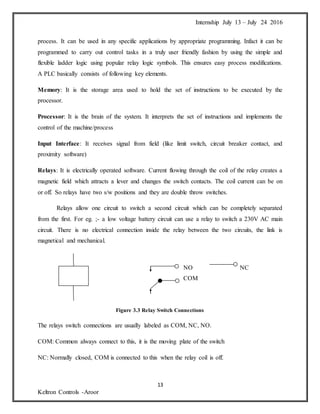 Internship July 13 – July 24 2016
13
Keltron Controls -Aroor
process. It can be used in any specific applications by appropriate programming. Infact it can be
programmed to carry out control tasks in a truly user friendly fashion by using the simple and
flexible ladder logic using popular relay logic symbols. This ensures easy process modifications.
A PLC basically consists of following key elements.
Memory: It is the storage area used to hold the set of instructions to be executed by the
processor.
Processor: It is the brain of the system. It interprets the set of instructions and implements the
control of the machine/process
Input Interface: It receives signal from field (like limit switch, circuit breaker contact, and
proximity software)
Relays: It is electrically operated software. Current flowing through the coil of the relay creates a
magnetic field which attracts a lever and changes the switch contacts. The coil current can be on
or off. So relays have two s/w positions and they are double throw switches.
Relays allow one circuit to switch a second circuit which can be completely separated
from the first. For eg. ;- a low voltage battery circuit can use a relay to switch a 230V AC main
circuit. There is no electrical connection inside the relay between the two circuits, the link is
magnetical and mechanical.
NO NC
COM
Figure 3.3 Relay Switch Connections
The relays switch connections are usually labeled as COM, NC, NO.
COM: Common always connect to this, it is the moving plate of the switch
NC: Normally closed, COM is connected to this when the relay coil is off.
 