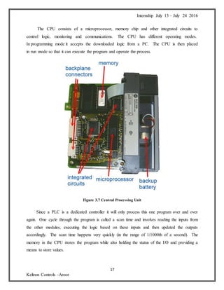 Internship July 13 – July 24 2016
17
Keltron Controls -Aroor
The CPU consists of a microprocessor, memory chip and other integrated circuits to
control logic, monitoring and communications. The CPU has different operating modes.
In programming mode it accepts the downloaded logic from a PC. The CPU is then placed
in run mode so that it can execute the program and operate the process.
Figure 3.7 Central Processing Unit
Since a PLC is a dedicated controller it will only process this one program over and over
again. One cycle through the program is called a scan time and involves reading the inputs from
the other modules, executing the logic based on these inputs and then updated the outputs
accordingly. The scan time happens very quickly (in the range of 1/1000th of a second). The
memory in the CPU stores the program while also holding the status of the I/O and providing a
means to store values.
 