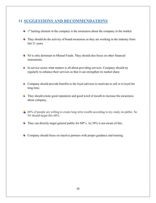 29
11 SUGGESTIONS AND RECOMMENDATIONS
1st
lacking element in the company is the awareness about the company in the market.
They should do the activity of brand awareness as they are working in the industry from
last 21 years.
NJ is only dominant in Mutual Funds. They should also focus on other financial
instruments.
In service sector what matters is all about providing services. Company should try
regularly to enhance their services so that it can strengthen its market share.
Company should provide benefits to the loyal advisors to motivate to sell or to loyal for
long time.
They should create good reputation and good word of mouth to increase the awareness
about company.
60% of people are willing to create long term wealth according to my study on public. So
NJ should target this 60%.
They can directly target general public for SIP’s. As 58% is not aware of this.
Company should focus on inactive partners with proper guidance and training.
 