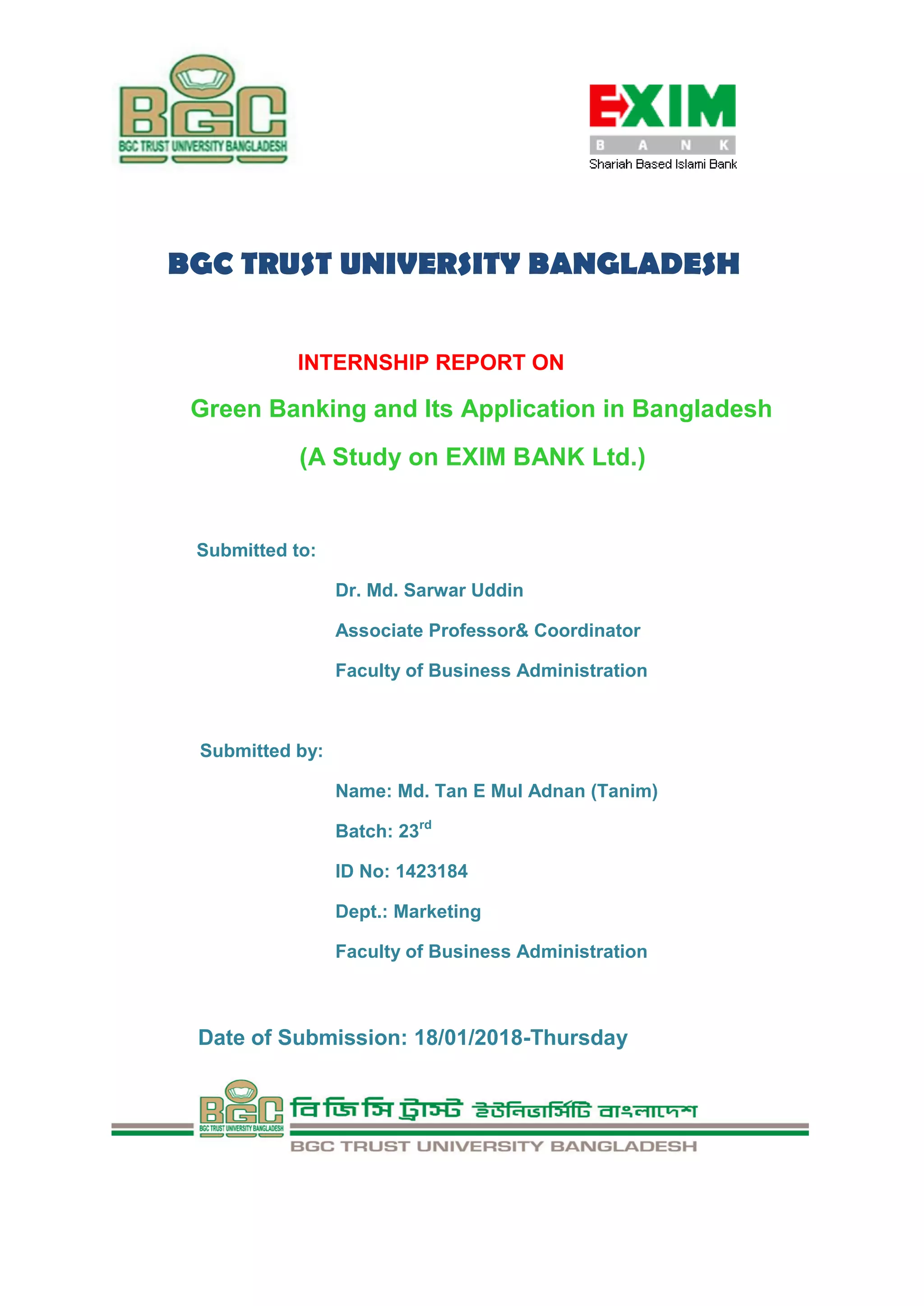 Internship Report On Green Banking (A study on EXIM Bank Limited) | PDF