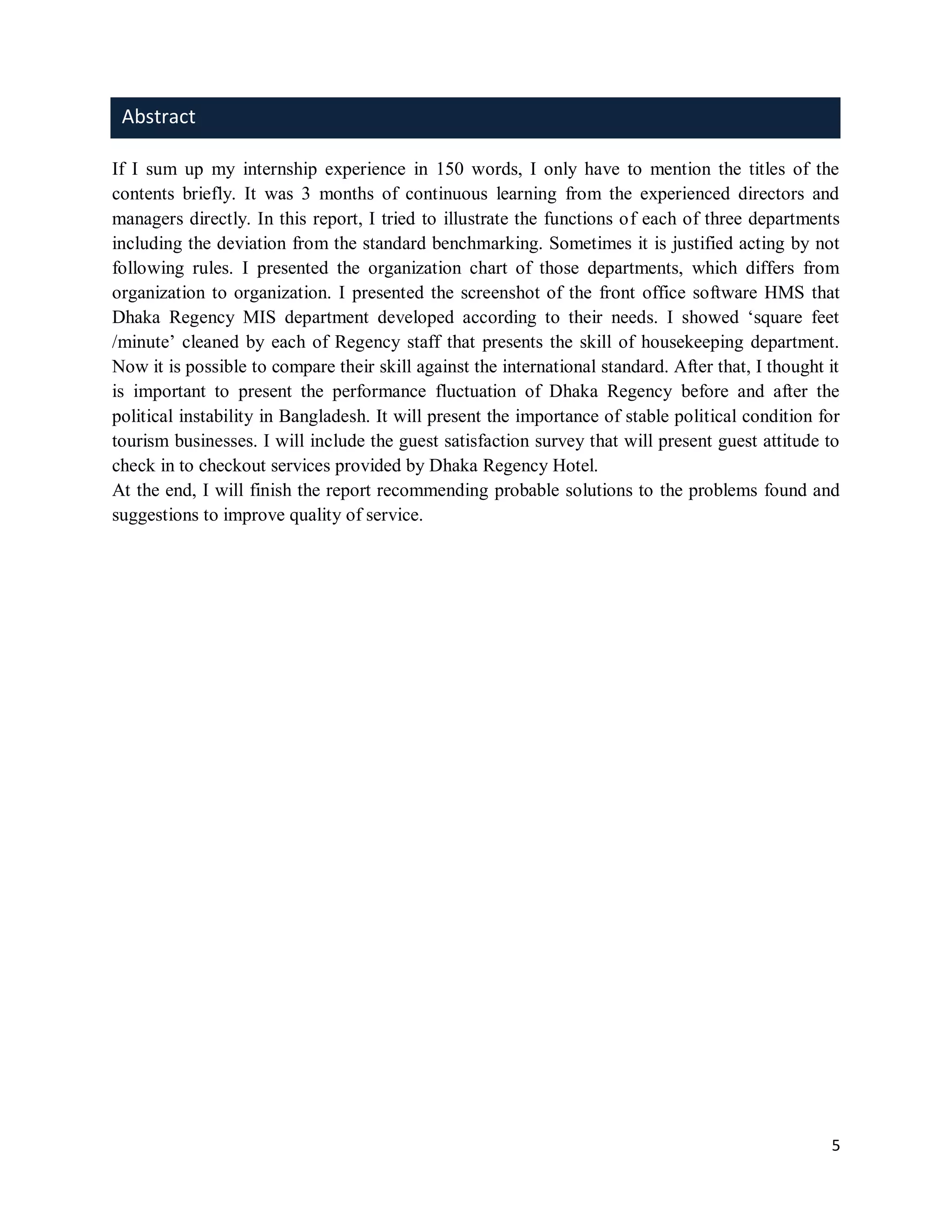 Internship Report on Dhaka Regency Hotel & Resort | PDF