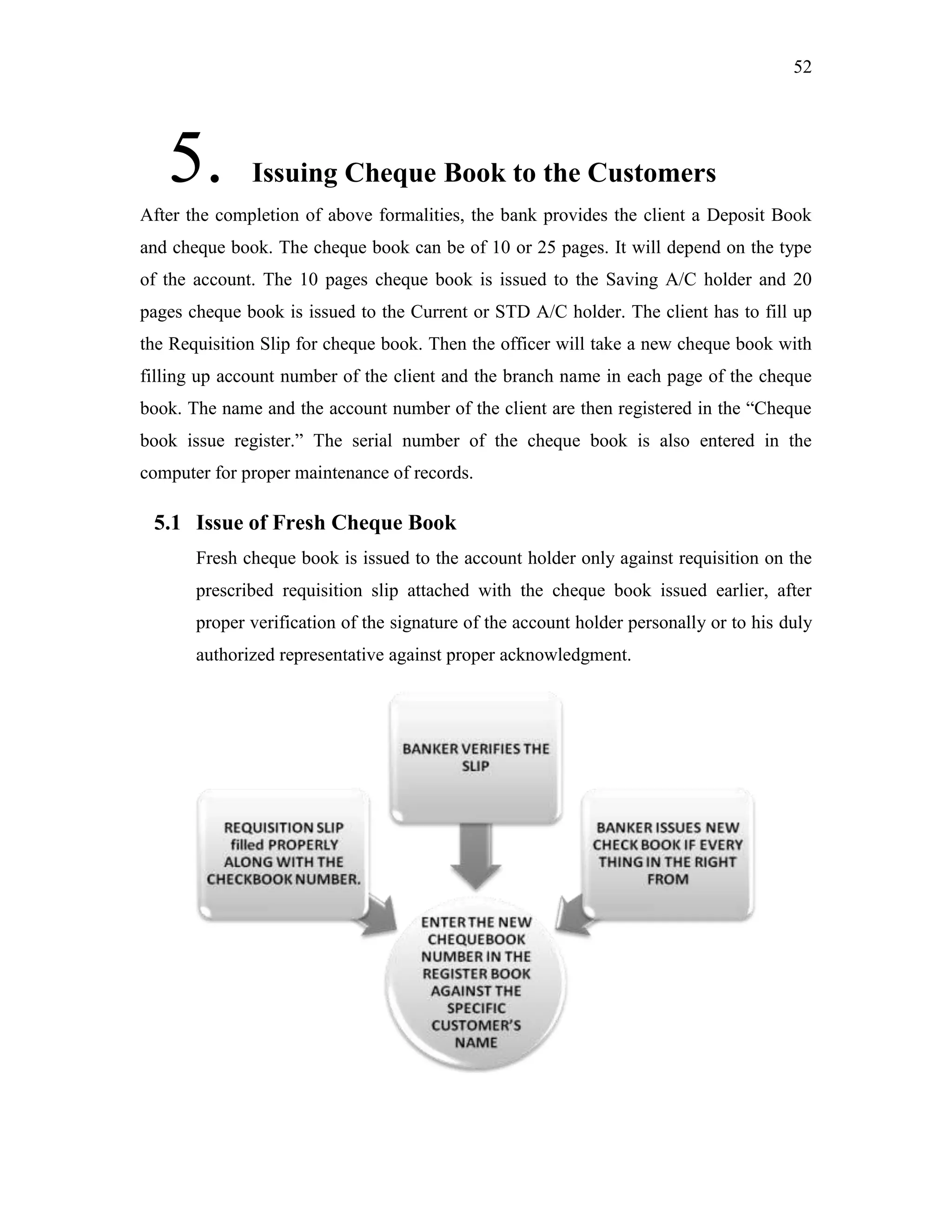 52
5. Issuing Cheque Book to the Customers
After the completion of above formalities, the bank provides the client a Deposit Book
and cheque book. The cheque book can be of 10 or 25 pages. It will depend on the type
of the account. The 10 pages cheque book is issued to the Saving A/C holder and 20
pages cheque book is issued to the Current or STD A/C holder. The client has to fill up
the Requisition Slip for cheque book. Then the officer will take a new cheque book with
filling up account number of the client and the branch name in each page of the cheque
book. The name and the account number of the client are then registered in the “Cheque
book issue register.” The serial number of the cheque book is also entered in the
computer for proper maintenance of records.
5.1 Issue of Fresh Cheque Book
Fresh cheque book is issued to the account holder only against requisition on the
prescribed requisition slip attached with the cheque book issued earlier, after
proper verification of the signature of the account holder personally or to his duly
authorized representative against proper acknowledgment.
 