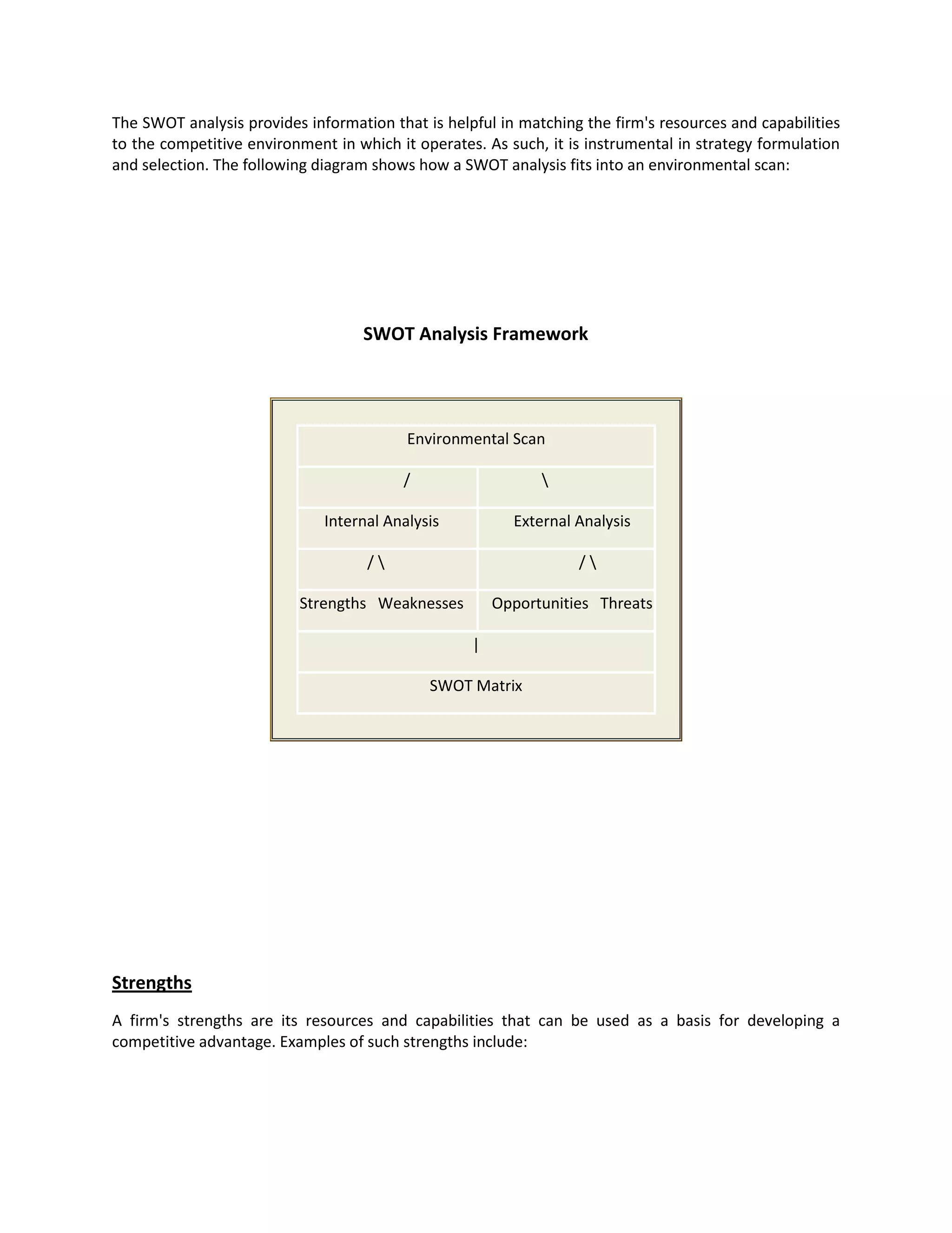 The SWOT analysis provides information that is helpful in matching the firm's resources and capabilities
to the competitive environment in which it operates. As such, it is instrumental in strategy formulation
and selection. The following diagram shows how a SWOT analysis fits into an environmental scan:




                                   SWOT Analysis Framework




                                          Environmental Scan

                                         /                   

                              Internal Analysis          External Analysis

                                    /                            /

                          Strengths Weaknesses         Opportunities Threats

                                                   |

                                             SWOT Matrix




Strengths
A firm's strengths are its resources and capabilities that can be used as a basis for developing a
competitive advantage. Examples of such strengths include:
 
