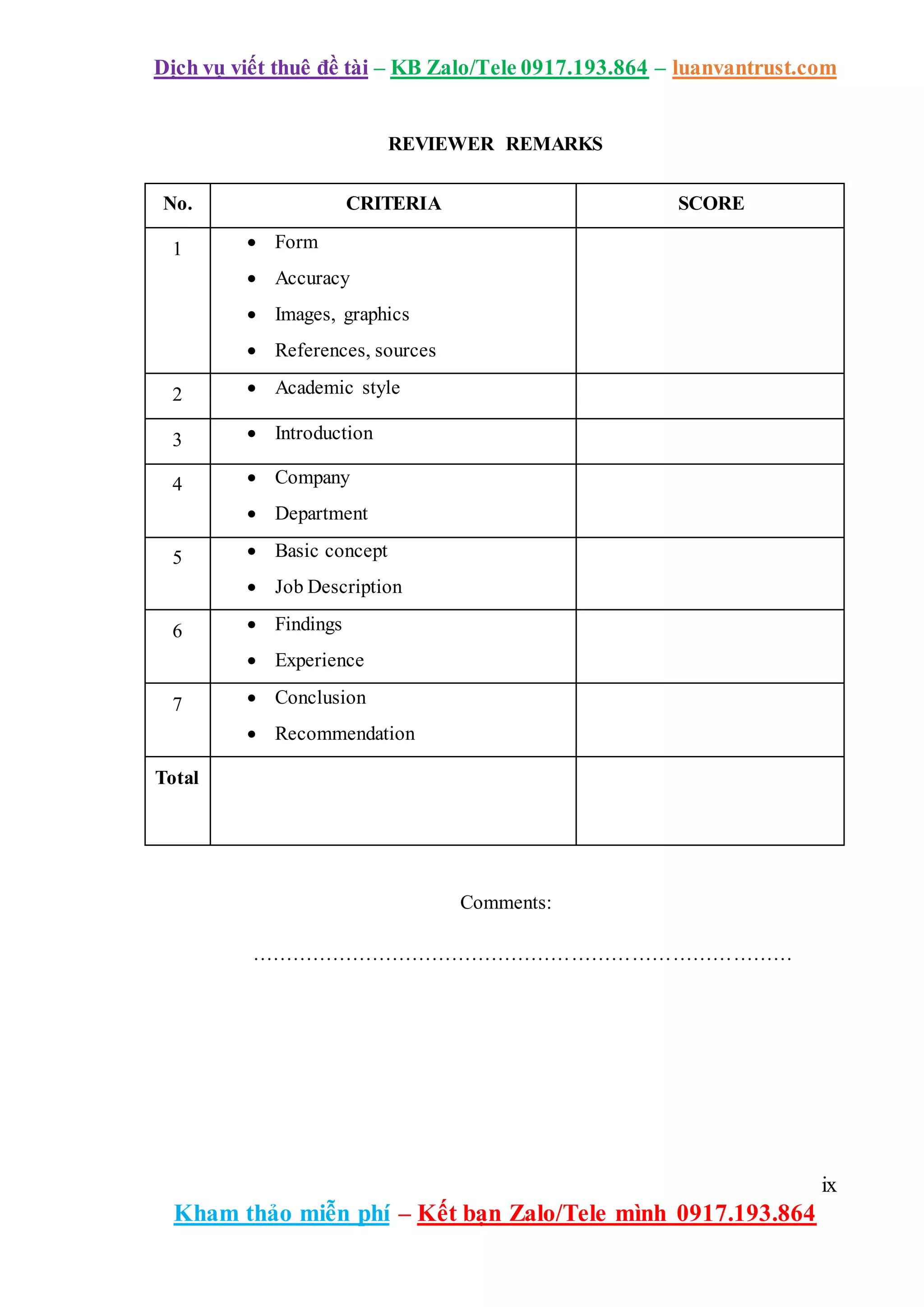 Dịch vụ viết thuê đề tài – KB Zalo/Tele 0917.193.864 – luanvantrust.com
ix
Kham thảo miễn phí – Kết bạn Zalo/Tele mình 0917.193.864
REVIEWER REMARKS
No. CRITERIA SCORE
1  Form
 Accuracy
 Images, graphics
 References, sources
2  Academic style
3  Introduction
4  Company
 Department
5  Basic concept
 Job Description
6  Findings
 Experience
7  Conclusion
 Recommendation
Total
Comments:
………………………………………………………………………
 
