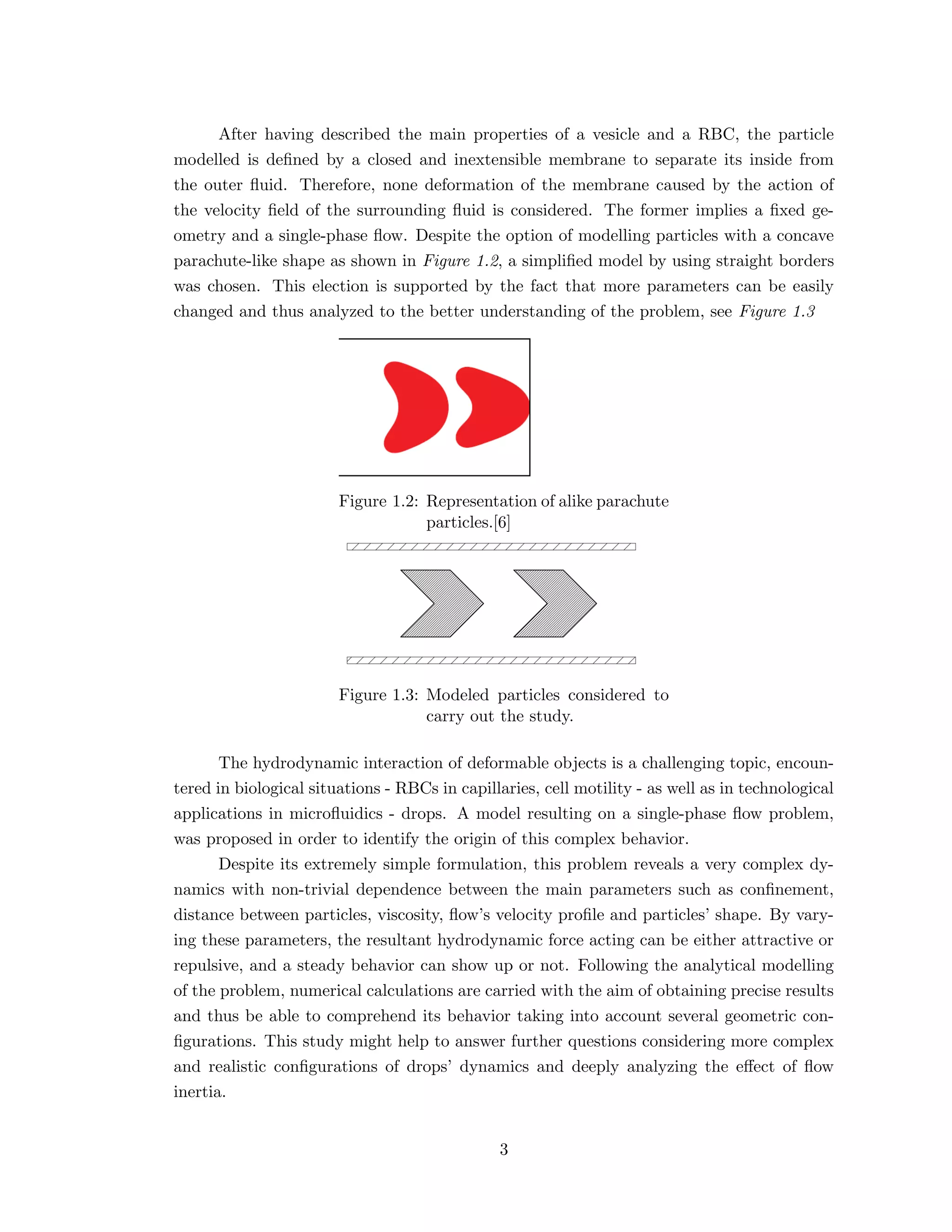 After having described the main properties of a vesicle and a RBC, the particle
modelled is deﬁned by a closed and inextensible membrane to separate its inside from
the outer ﬂuid. Therefore, none deformation of the membrane caused by the action of
the velocity ﬁeld of the surrounding ﬂuid is considered. The former implies a ﬁxed ge-
ometry and a single-phase ﬂow. Despite the option of modelling particles with a concave
parachute-like shape as shown in Figure 1.2, a simpliﬁed model by using straight borders
was chosen. This election is supported by the fact that more parameters can be easily
changed and thus analyzed to the better understanding of the problem, see Figure 1.3
Figure 1.2: Representation of alike parachute
particles.[6]
Figure 1.3: Modeled particles considered to
carry out the study.
The hydrodynamic interaction of deformable objects is a challenging topic, encoun-
tered in biological situations - RBCs in capillaries, cell motility - as well as in technological
applications in microﬂuidics - drops. A model resulting on a single-phase ﬂow problem,
was proposed in order to identify the origin of this complex behavior.
Despite its extremely simple formulation, this problem reveals a very complex dy-
namics with non-trivial dependence between the main parameters such as conﬁnement,
distance between particles, viscosity, ﬂow’s velocity proﬁle and particles’ shape. By vary-
ing these parameters, the resultant hydrodynamic force acting can be either attractive or
repulsive, and a steady behavior can show up or not. Following the analytical modelling
of the problem, numerical calculations are carried with the aim of obtaining precise results
and thus be able to comprehend its behavior taking into account several geometric con-
ﬁgurations. This study might help to answer further questions considering more complex
and realistic conﬁgurations of drops’ dynamics and deeply analyzing the eﬀect of ﬂow
inertia.
3
 